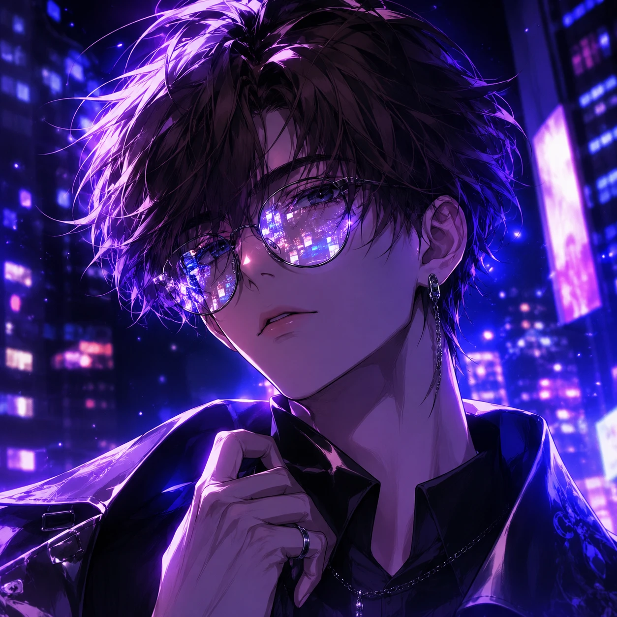 Anime Boy in Glasses Under Purple Neon City Lights