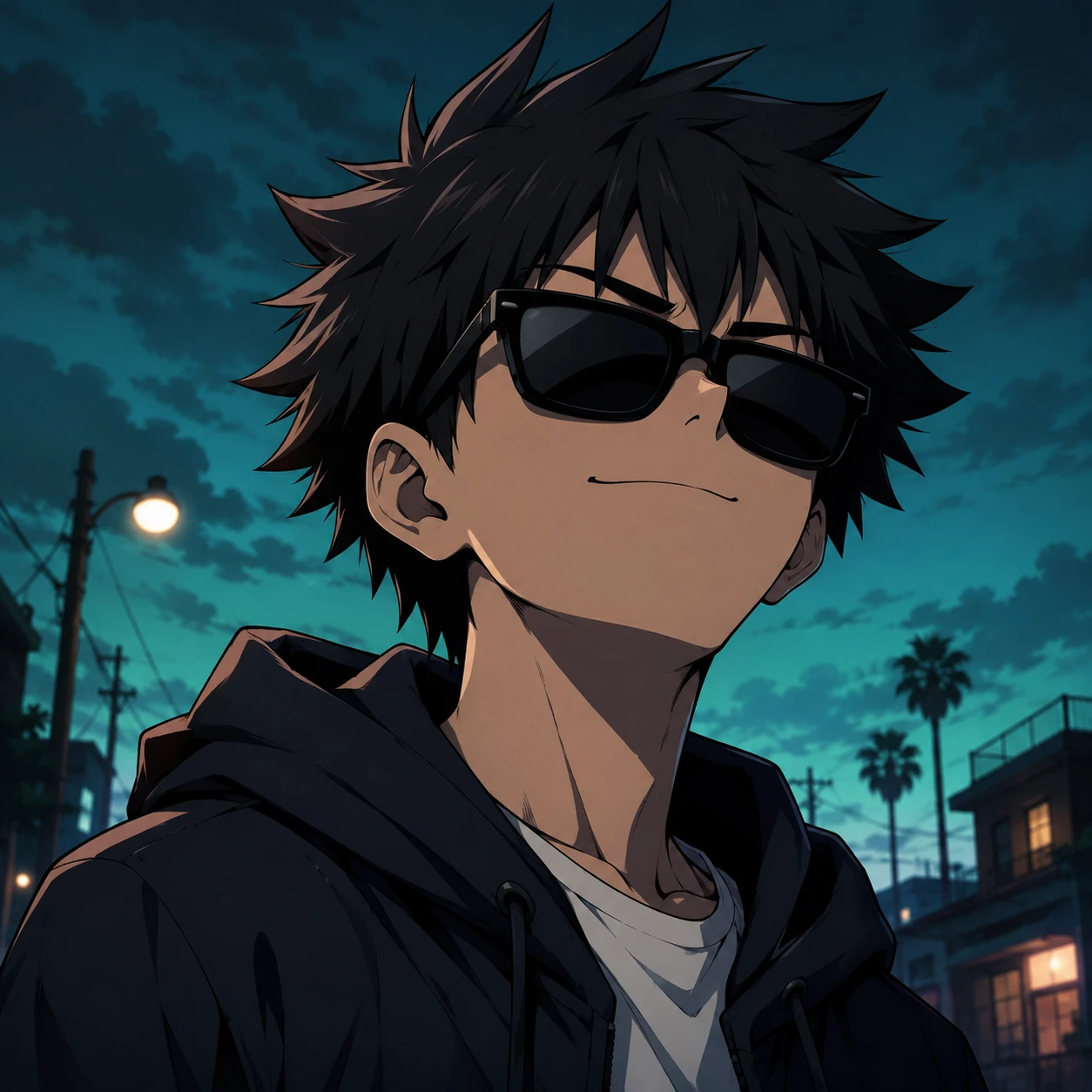 Anime Boy in Shades Twilight Cityscape