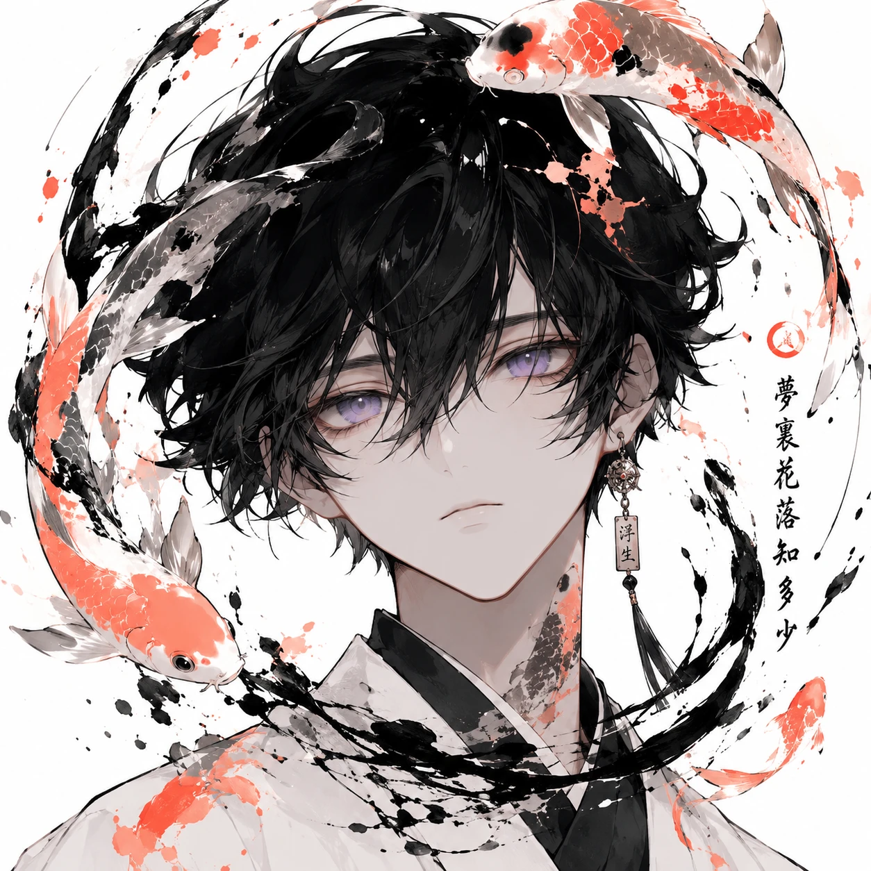 Anime Boy Surrounded by Koi Fish Ink Wash