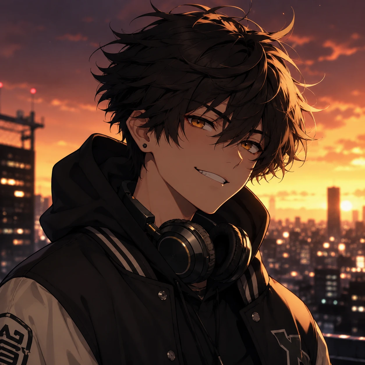 Anime Boy with Headphones at Sunset Cityscape