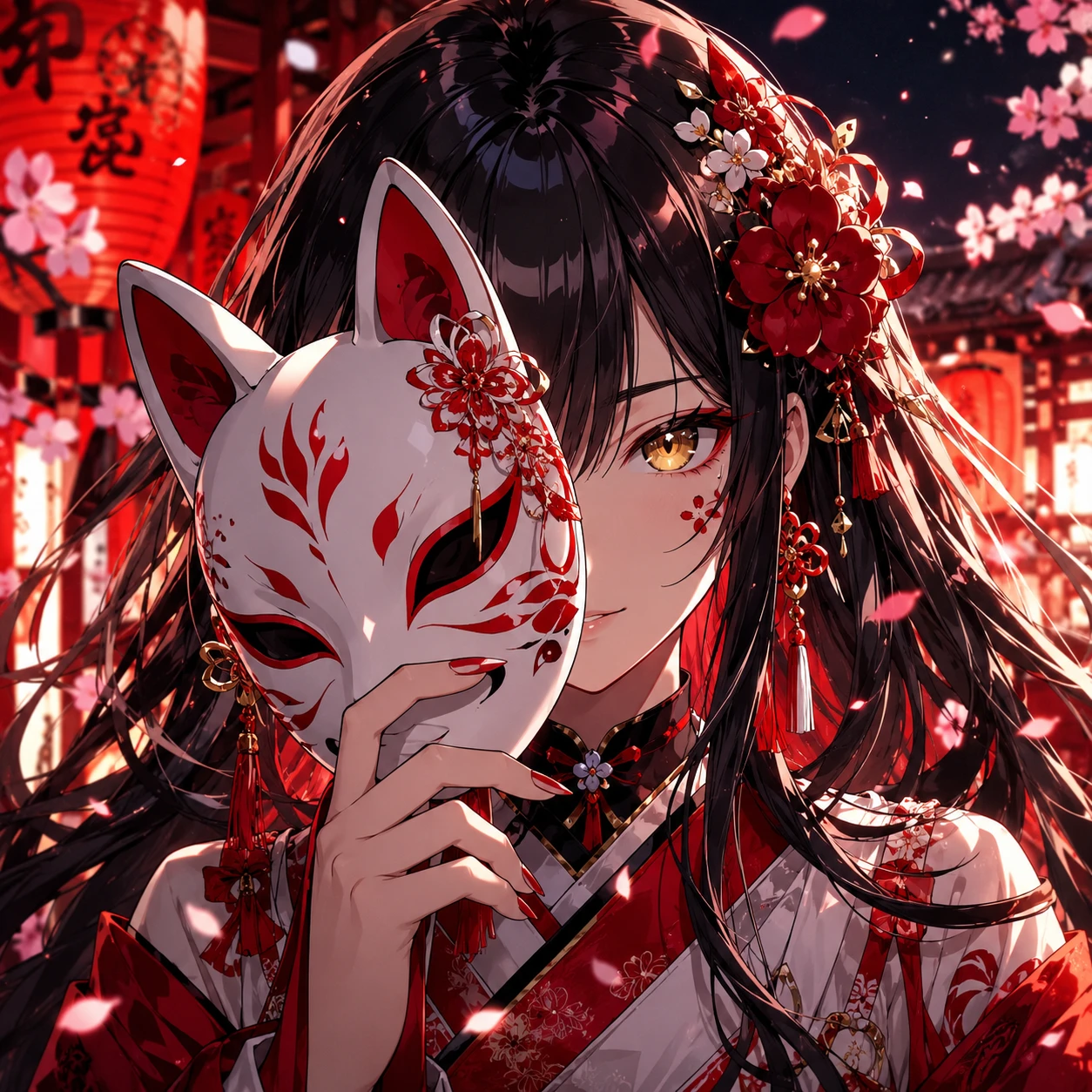 Anime Girl in Kimono with Fox Mask