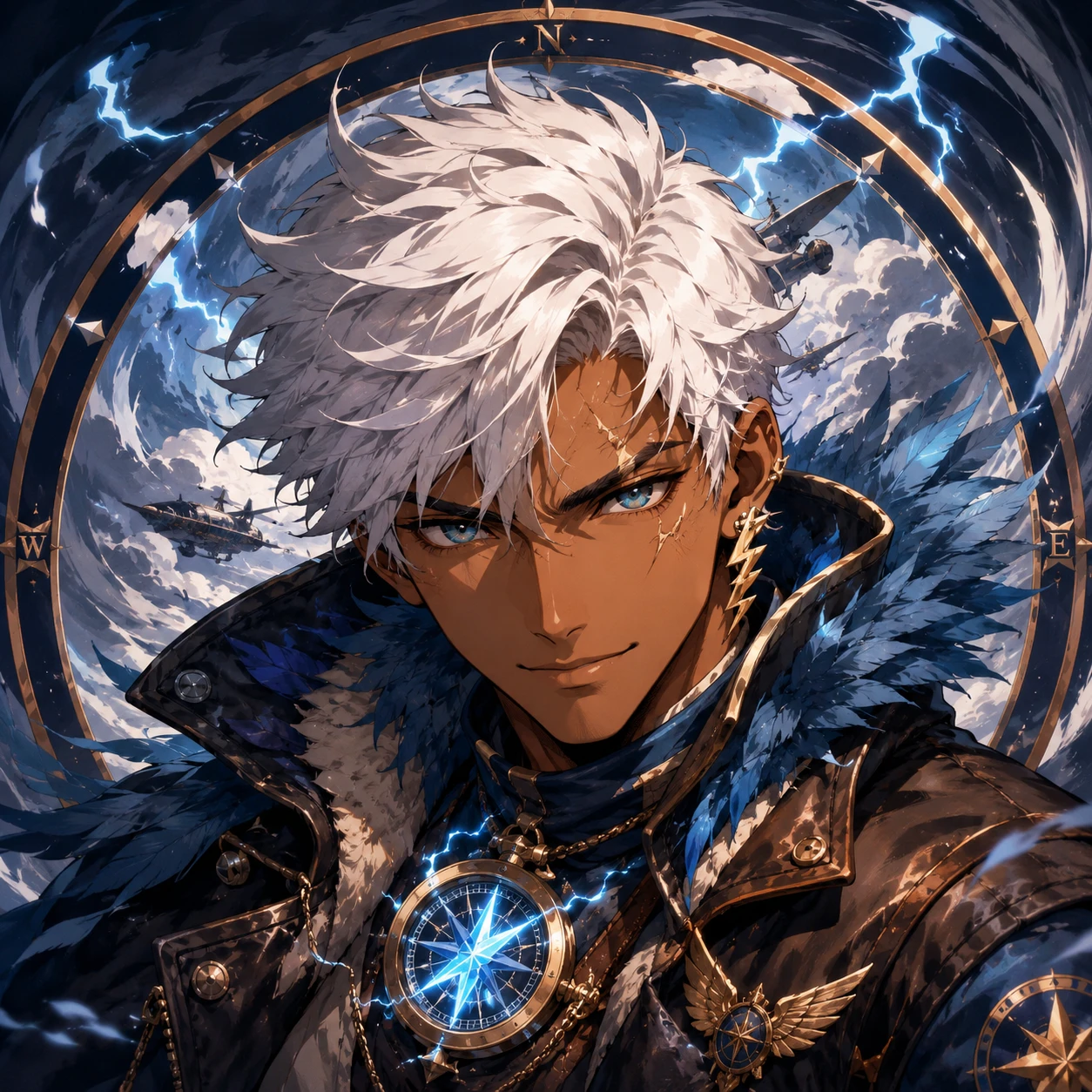 Anime Hero with Lightning Compass and Stormy Sky