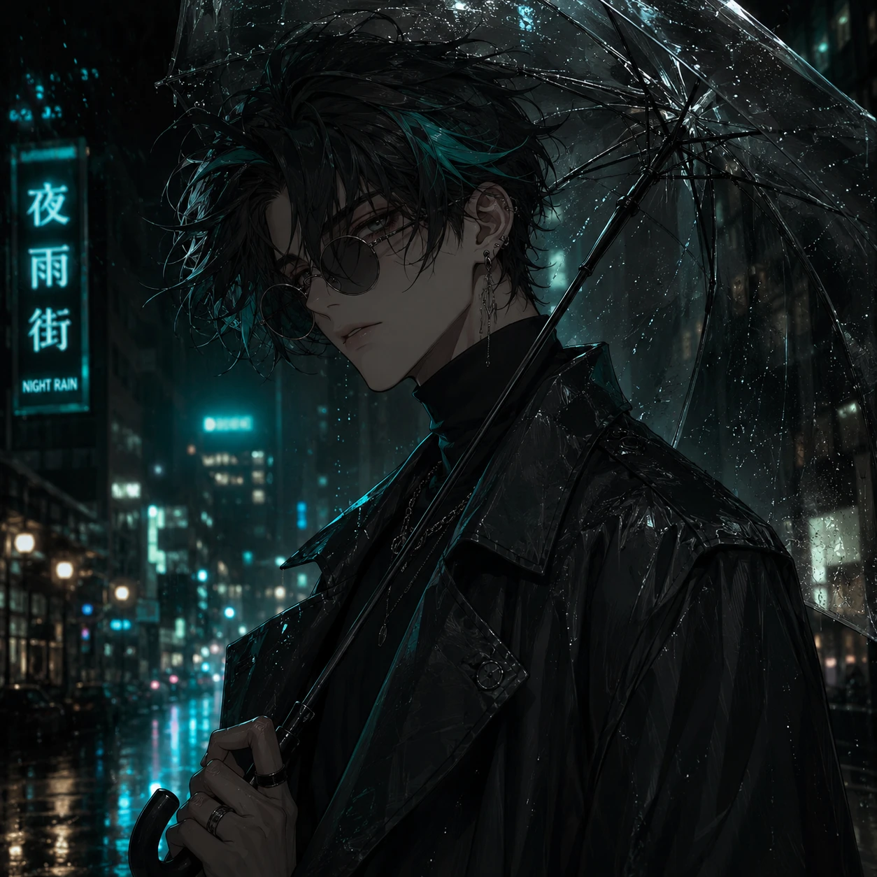 Anime Man with Umbrella in Neon-lit Night Rain