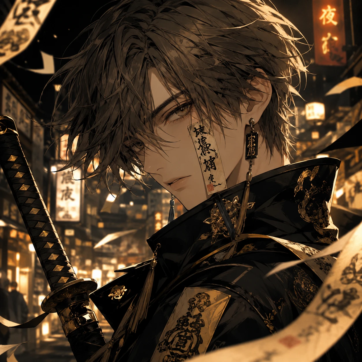 Anime Samurai with Katana in Golden Cityscape