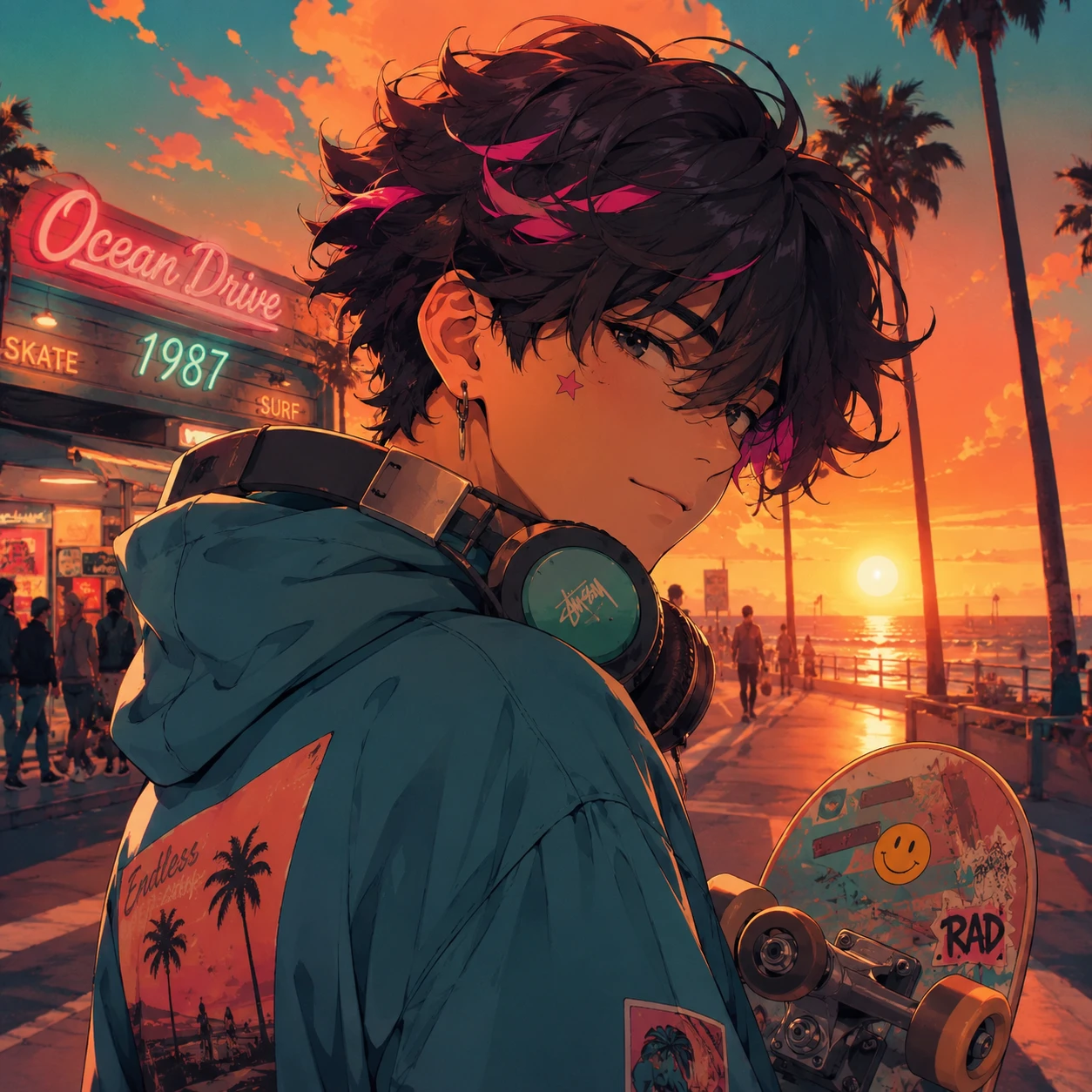 Anime Skater Boy at Ocean Drive Sunset