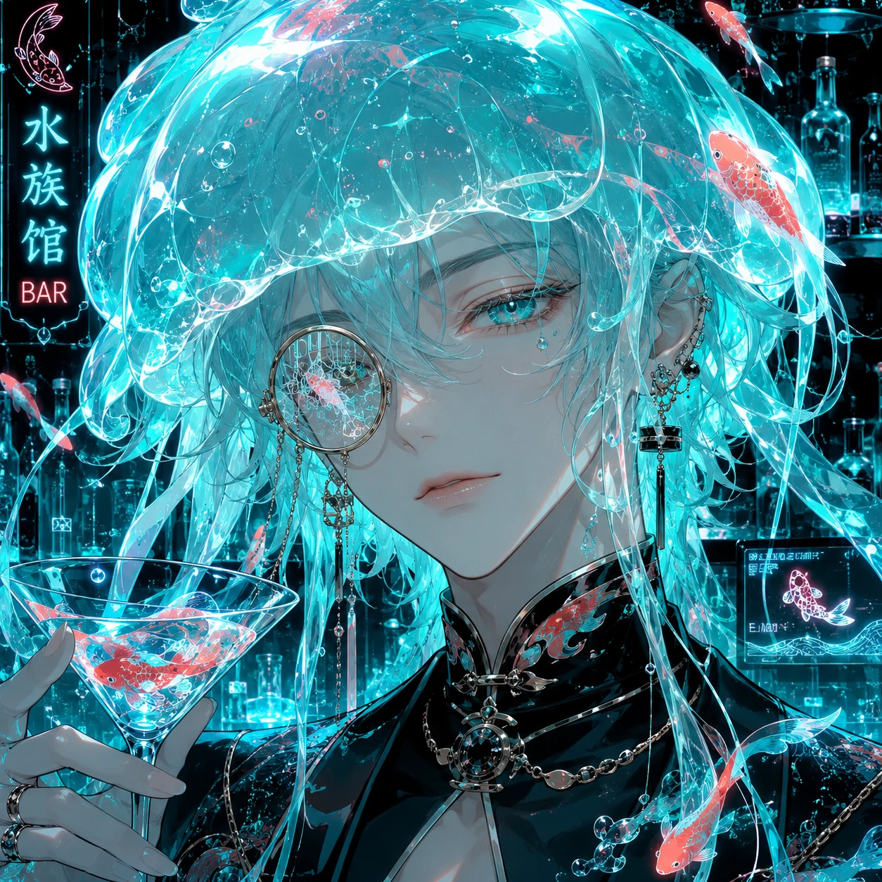 Aqua Anime Bartender with Koi Fish Monocle