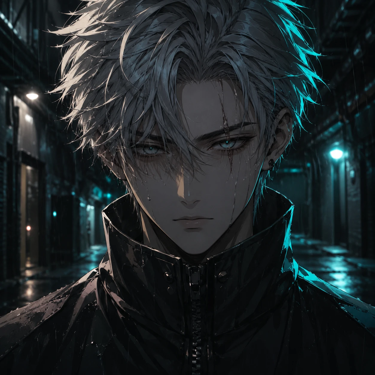 Brooding Anime Boy in Rain-slicked Alley