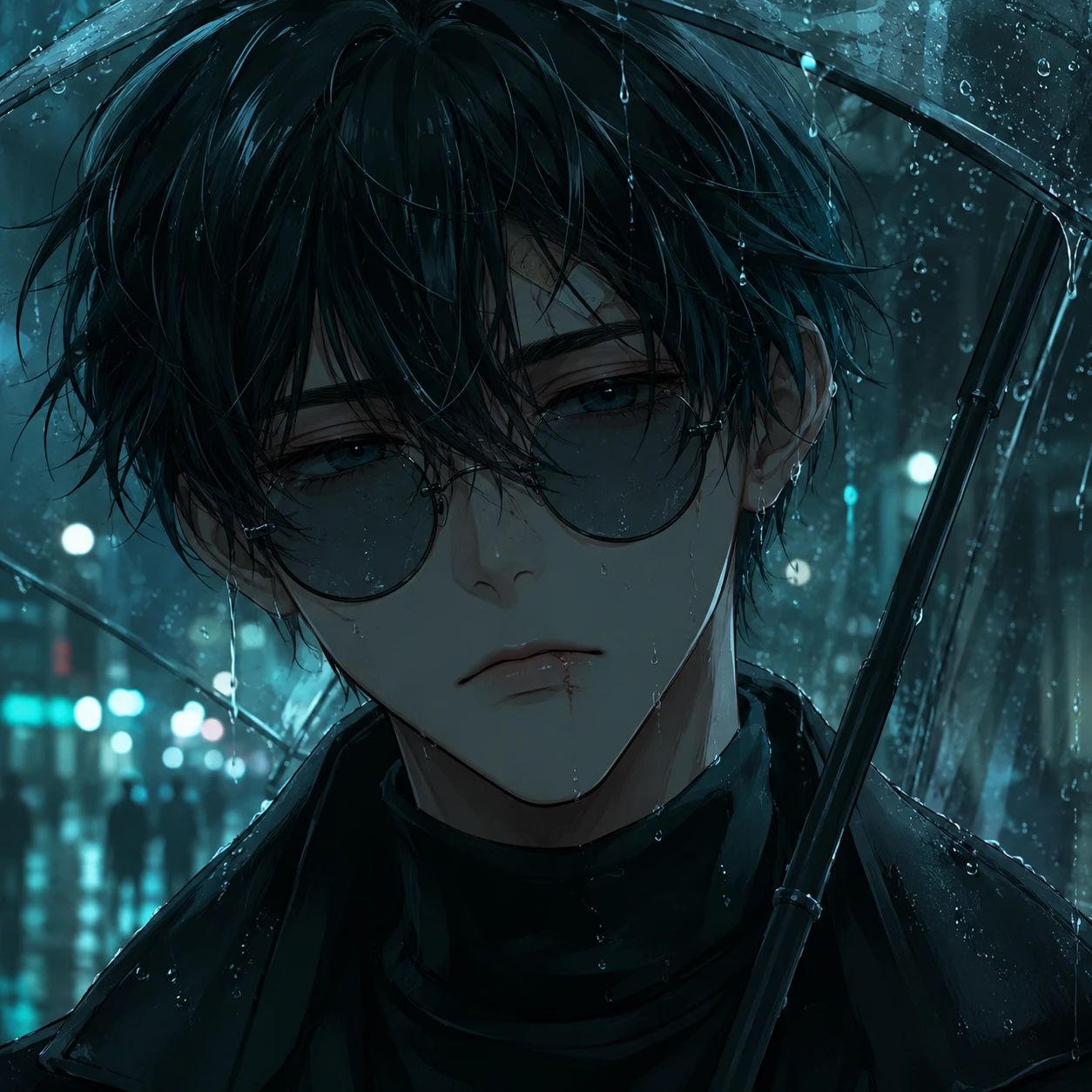 Brooding Anime Boy in Rain-slicked Cityscape