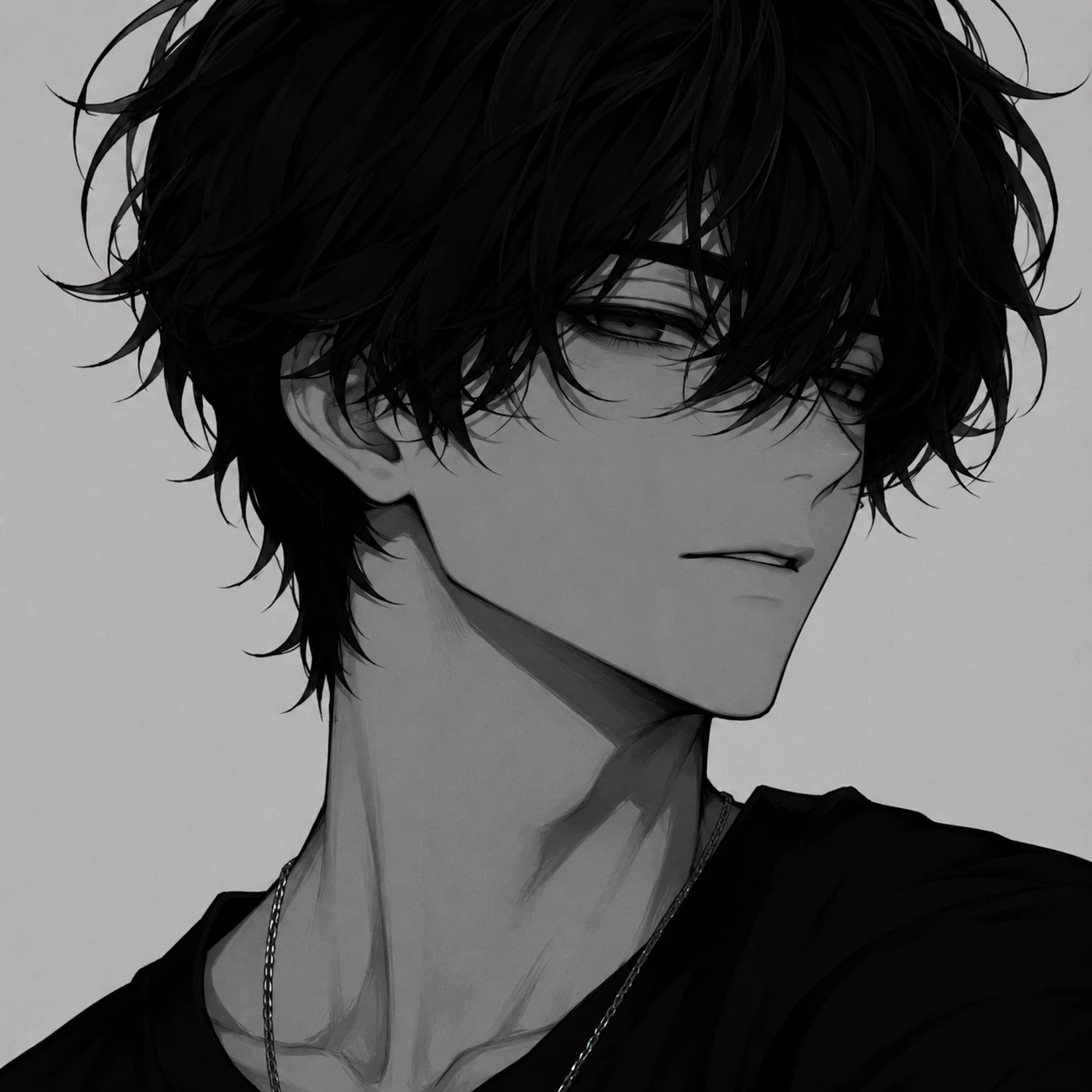 Brooding Anime Boy with Silver Chain in Grayscale
