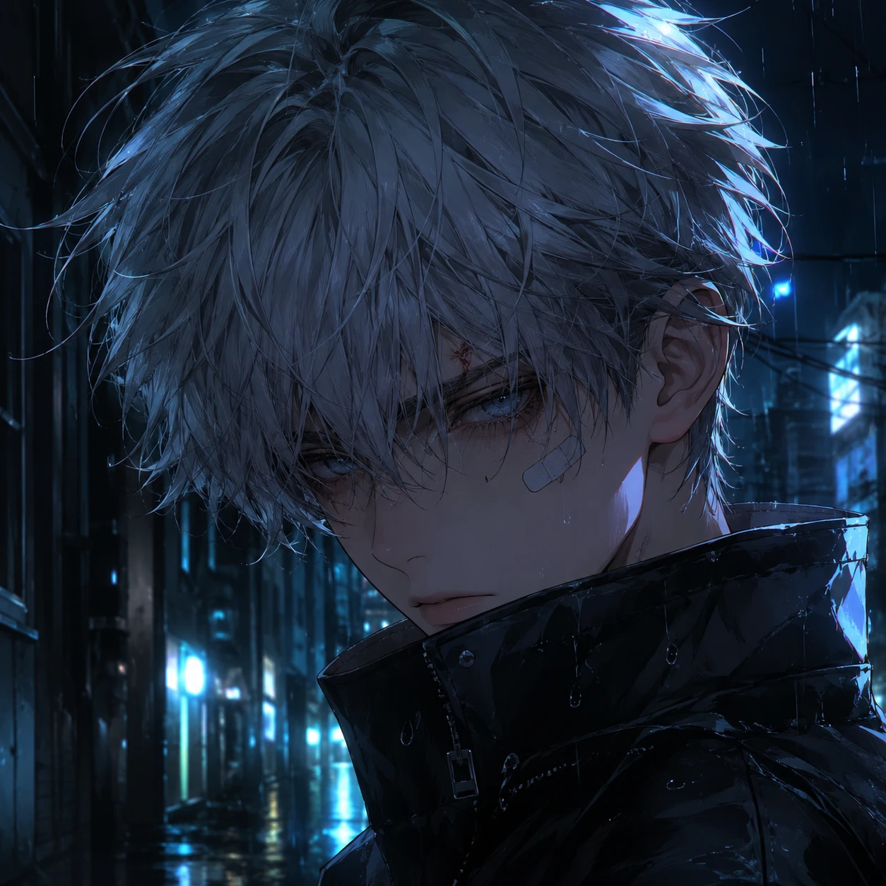 Brooding Anime Boy with Silver Hair in Blue Rain