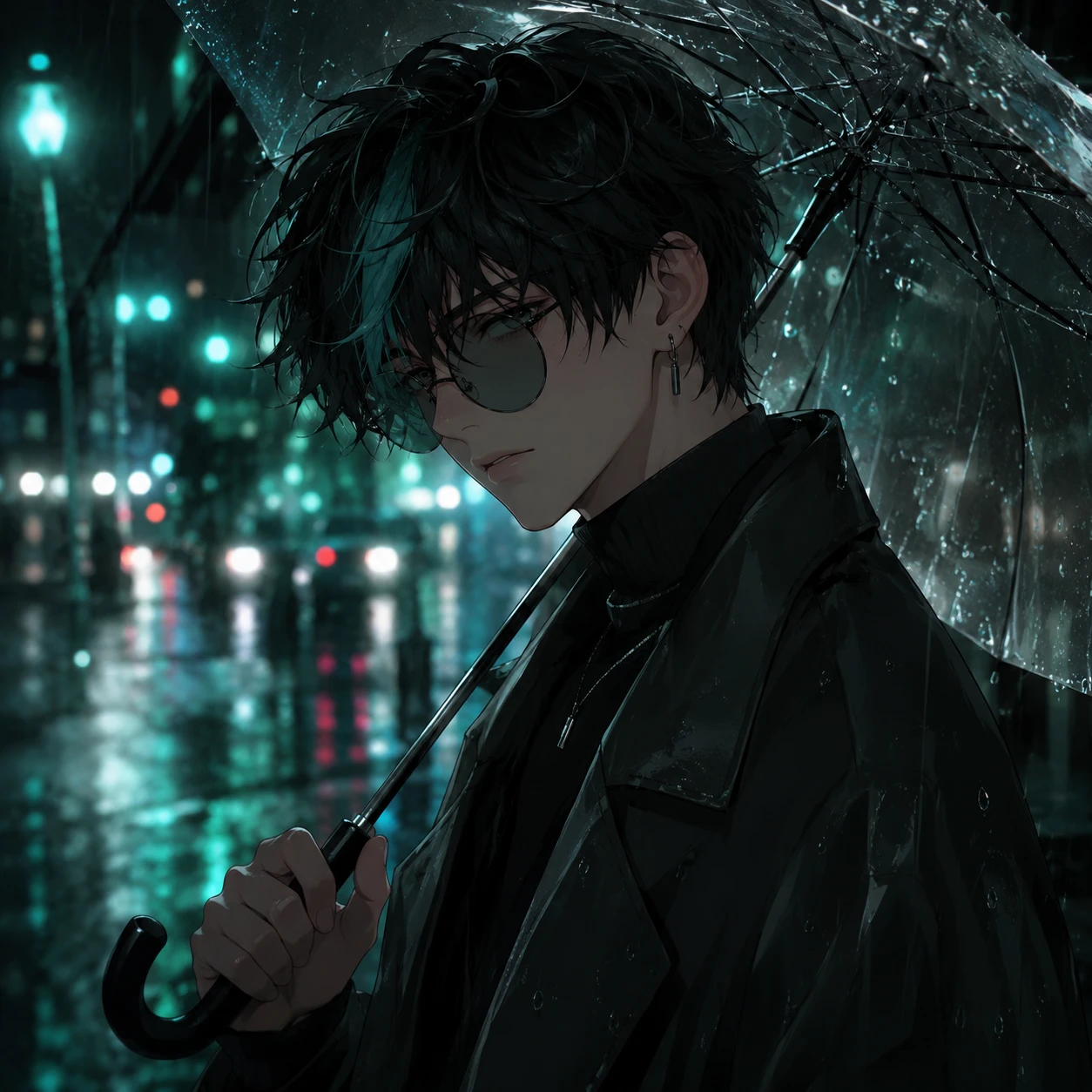 Brooding Anime Man with Umbrella in Rainy Cityscape