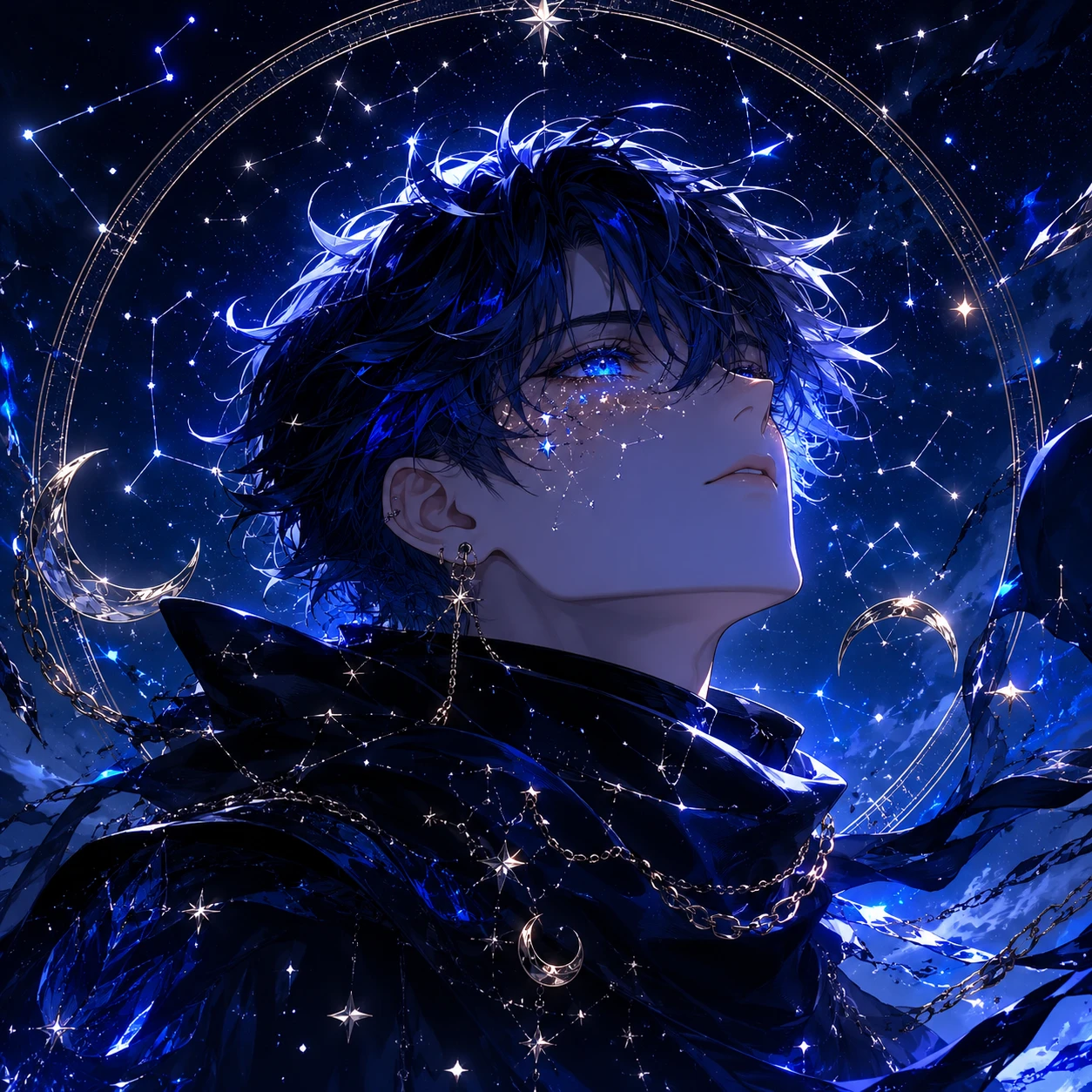 Celestial Anime Boy with Stardust Eyes