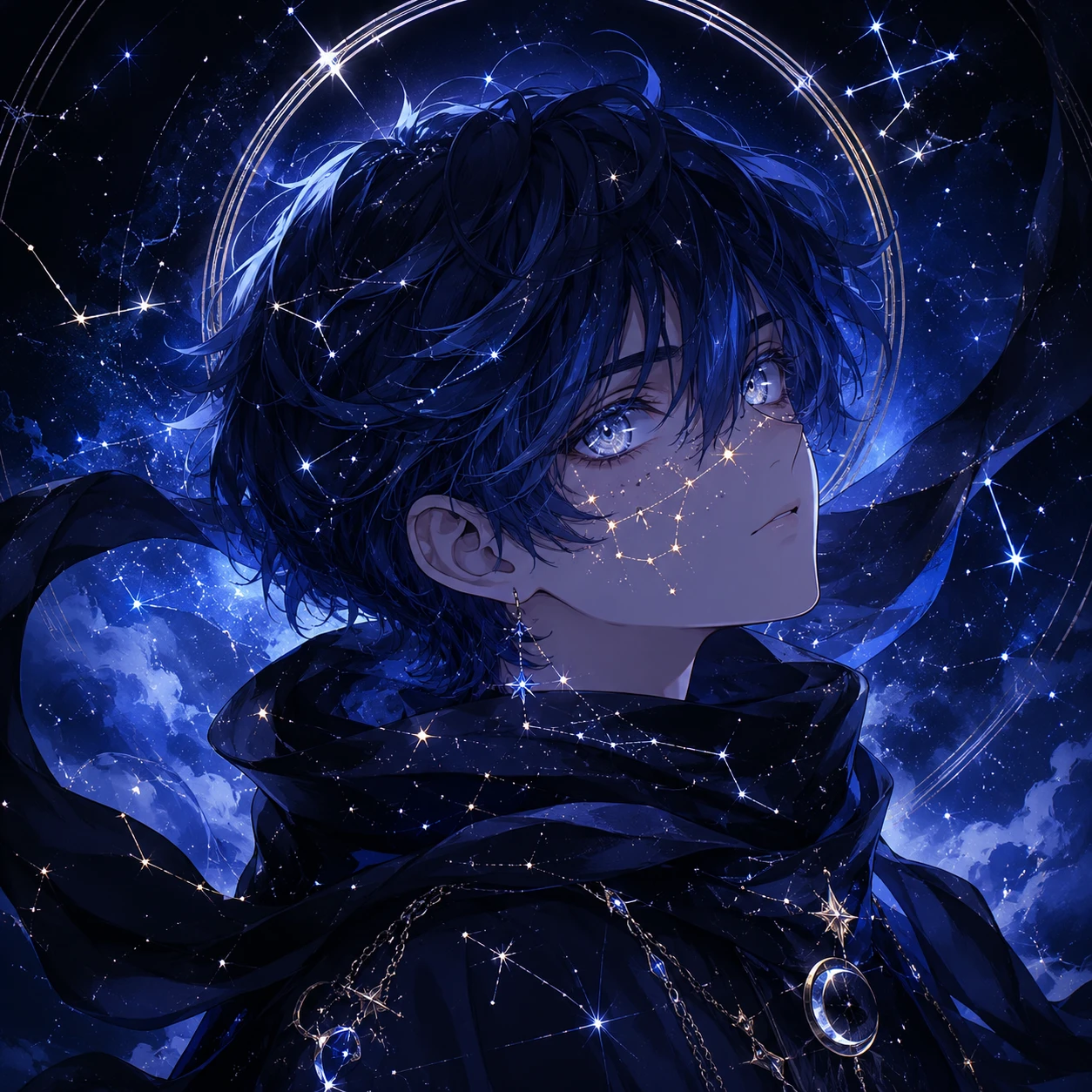 Celestial Anime Boy with Starry Constellation Details