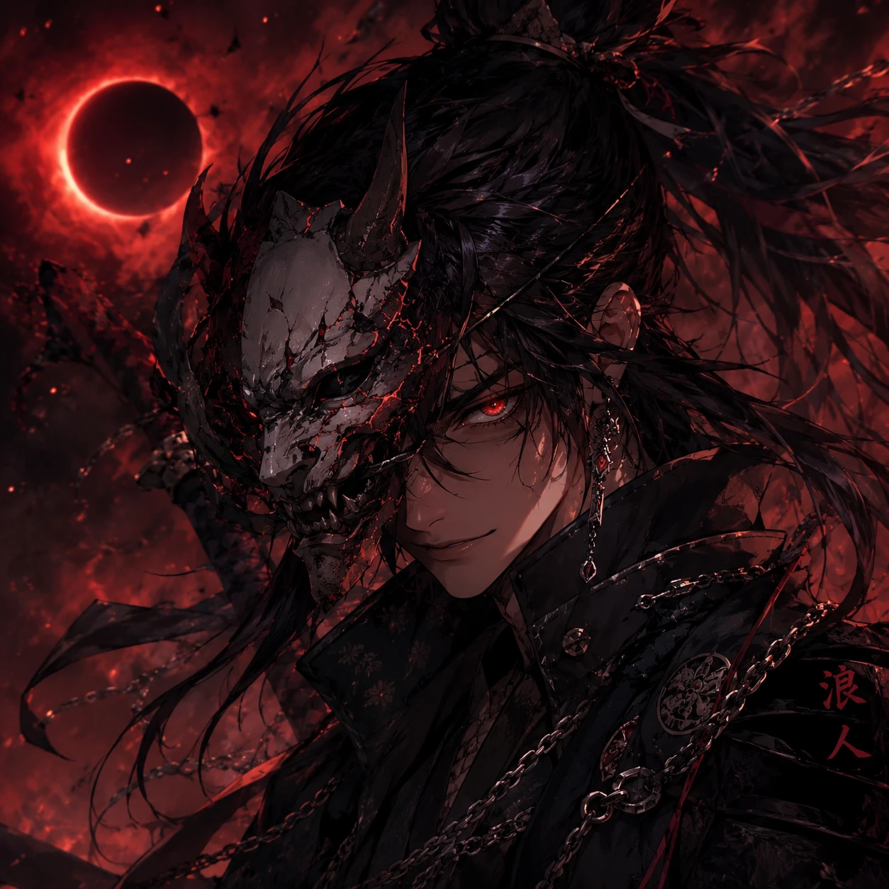 Crimson-eyed Warrior with Shattered Oni Mask
