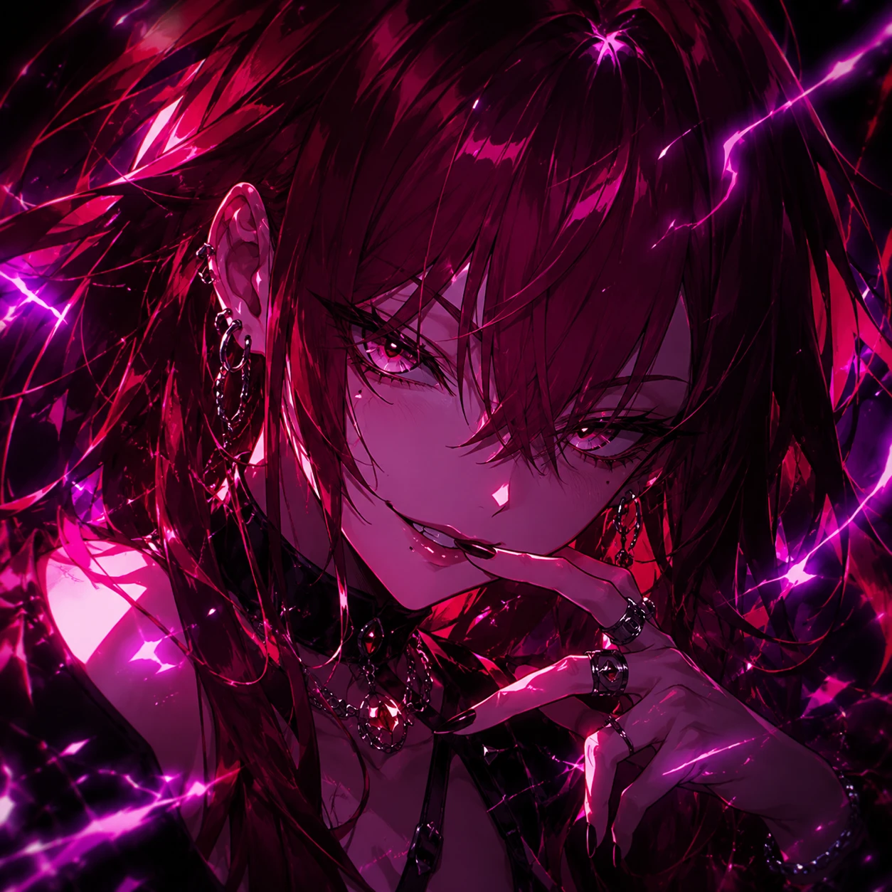 Crimson Haired Anime Girl with Neon Purple Lightning