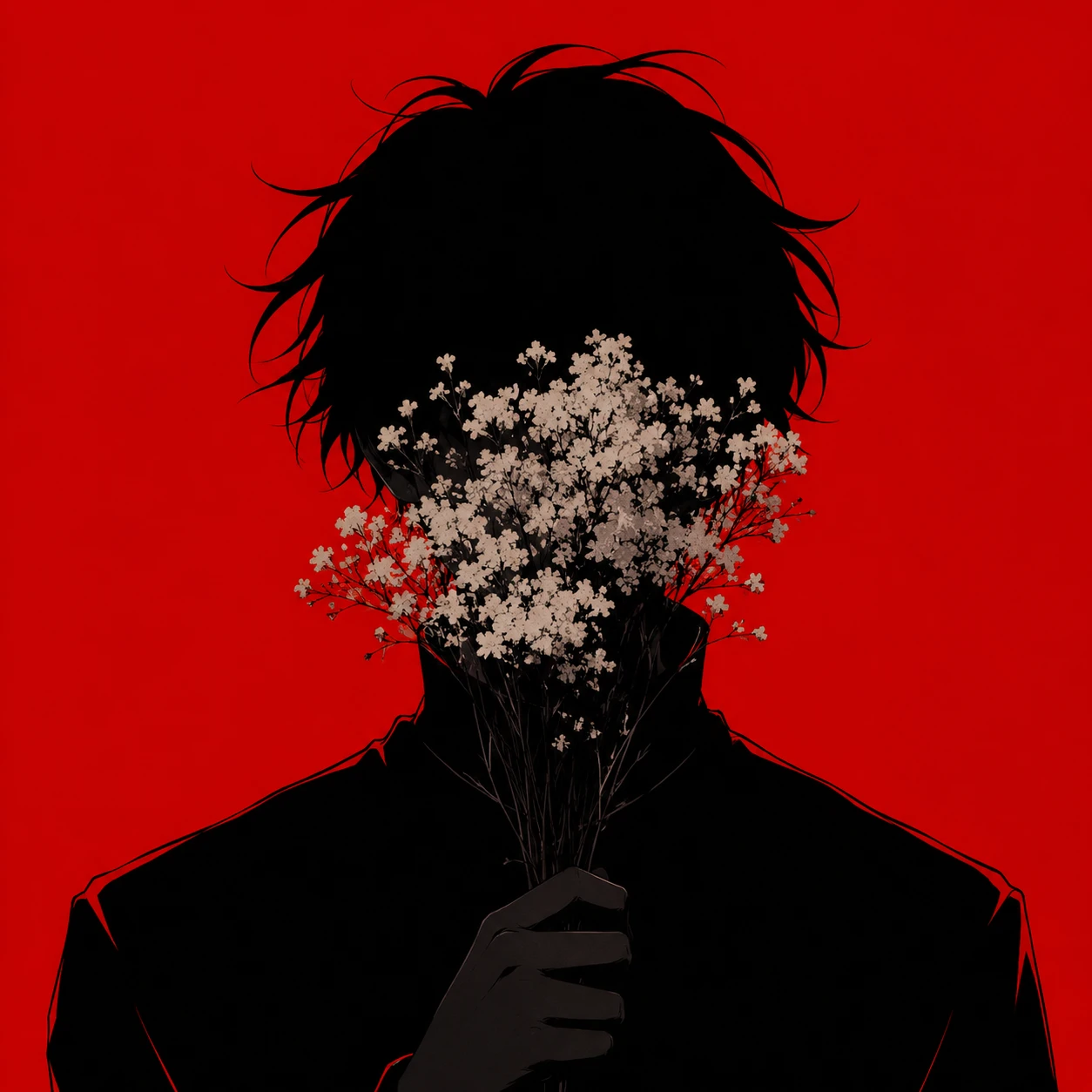 Crimson Silhouette Figure Obscured by Baby's Breath