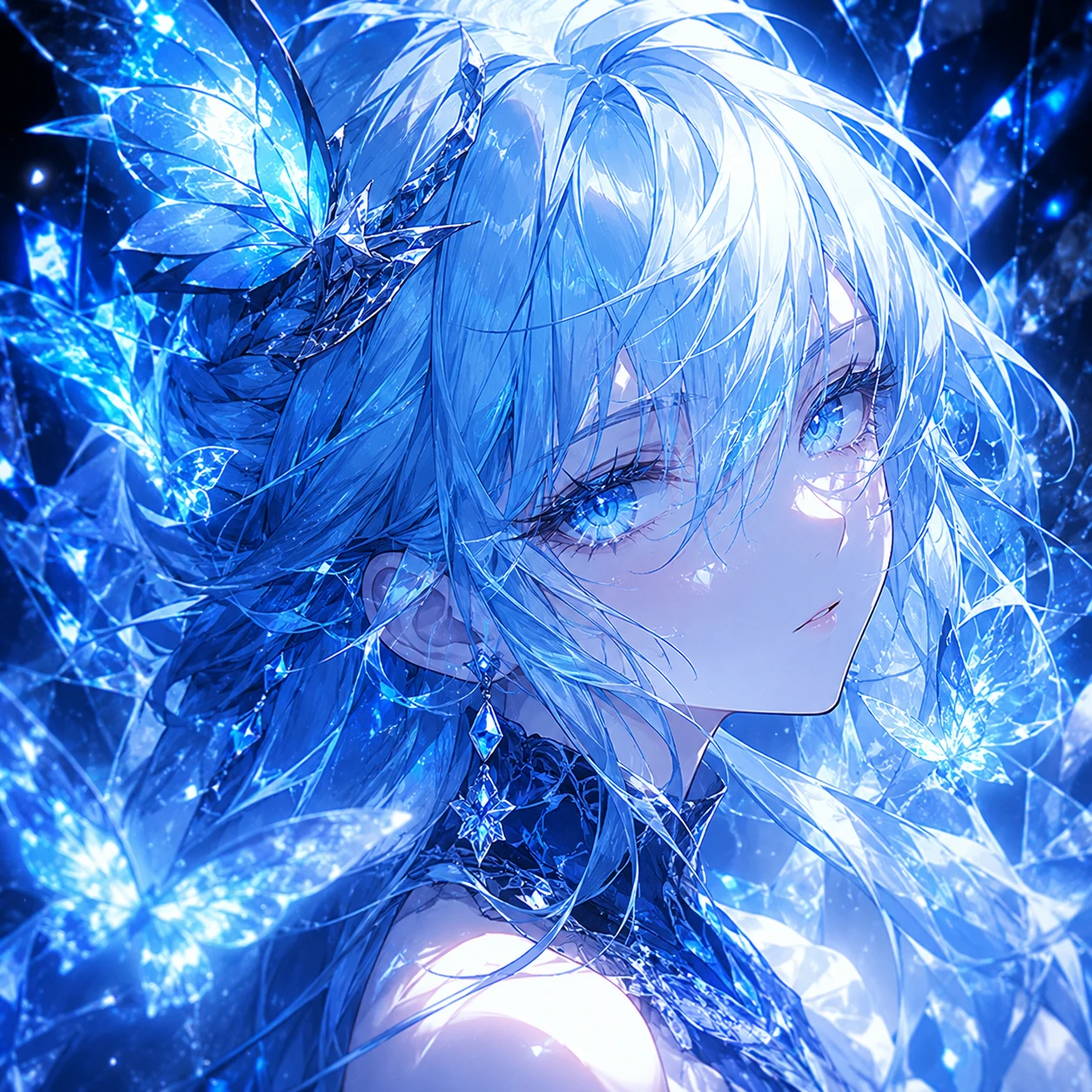 Crystal Ice Anime Princess with Glowing Blue Butterflies