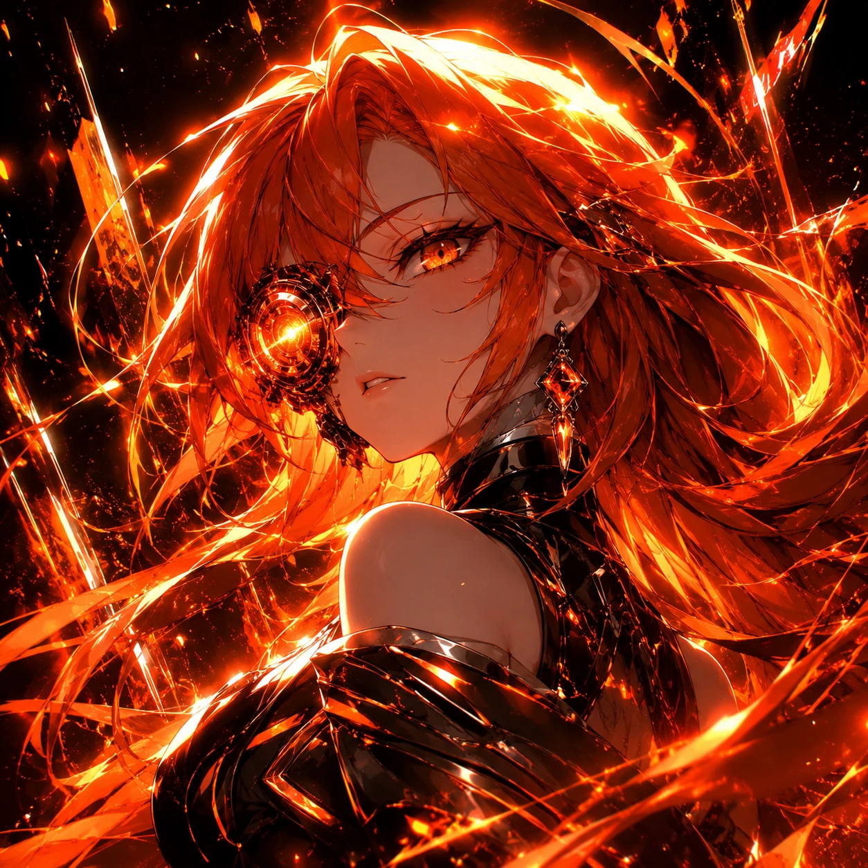 Cyberpunk Anime Girl with Fiery Hair and Cyborg Eye