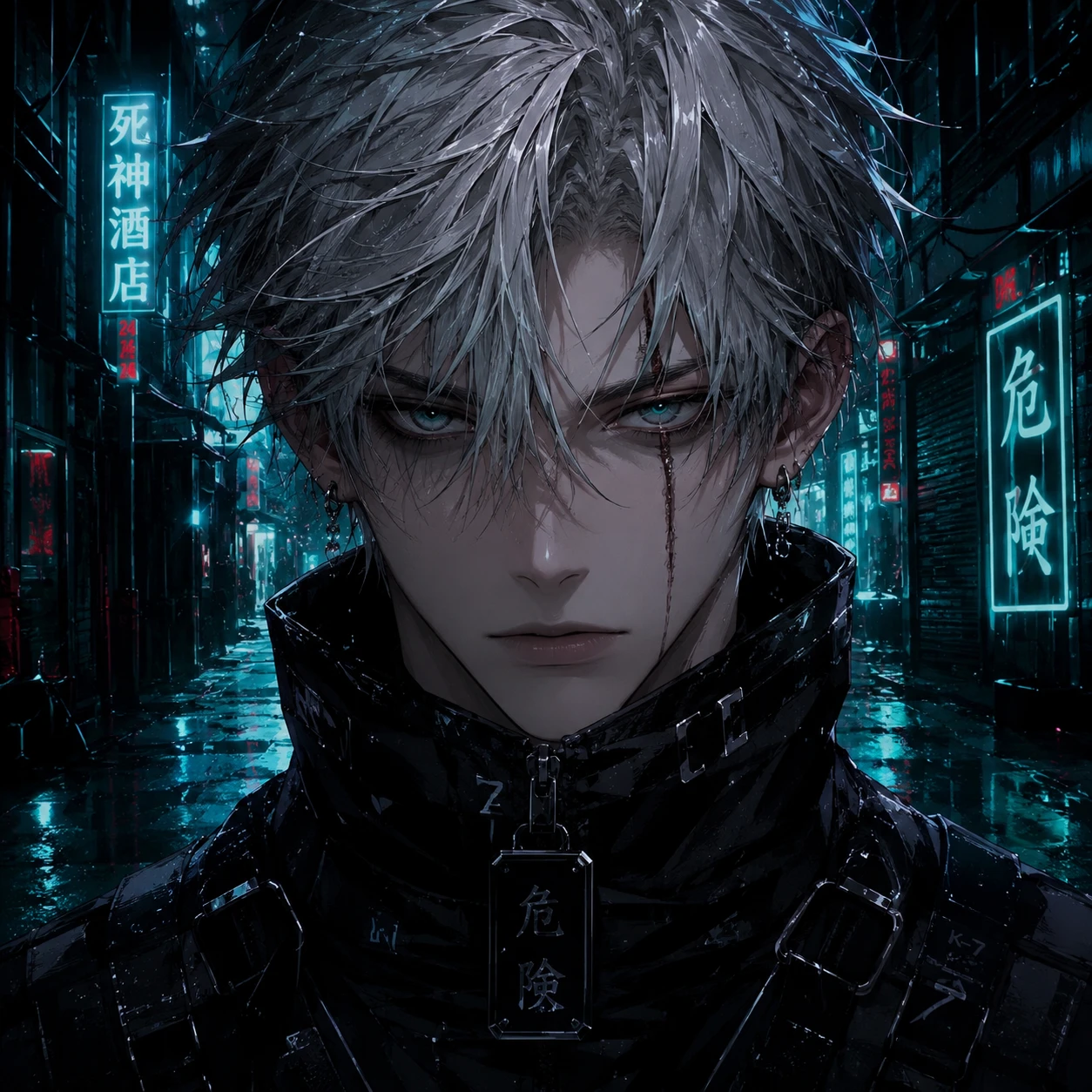 Cyberpunk Anime Man with Silver Hair in Neon Alley