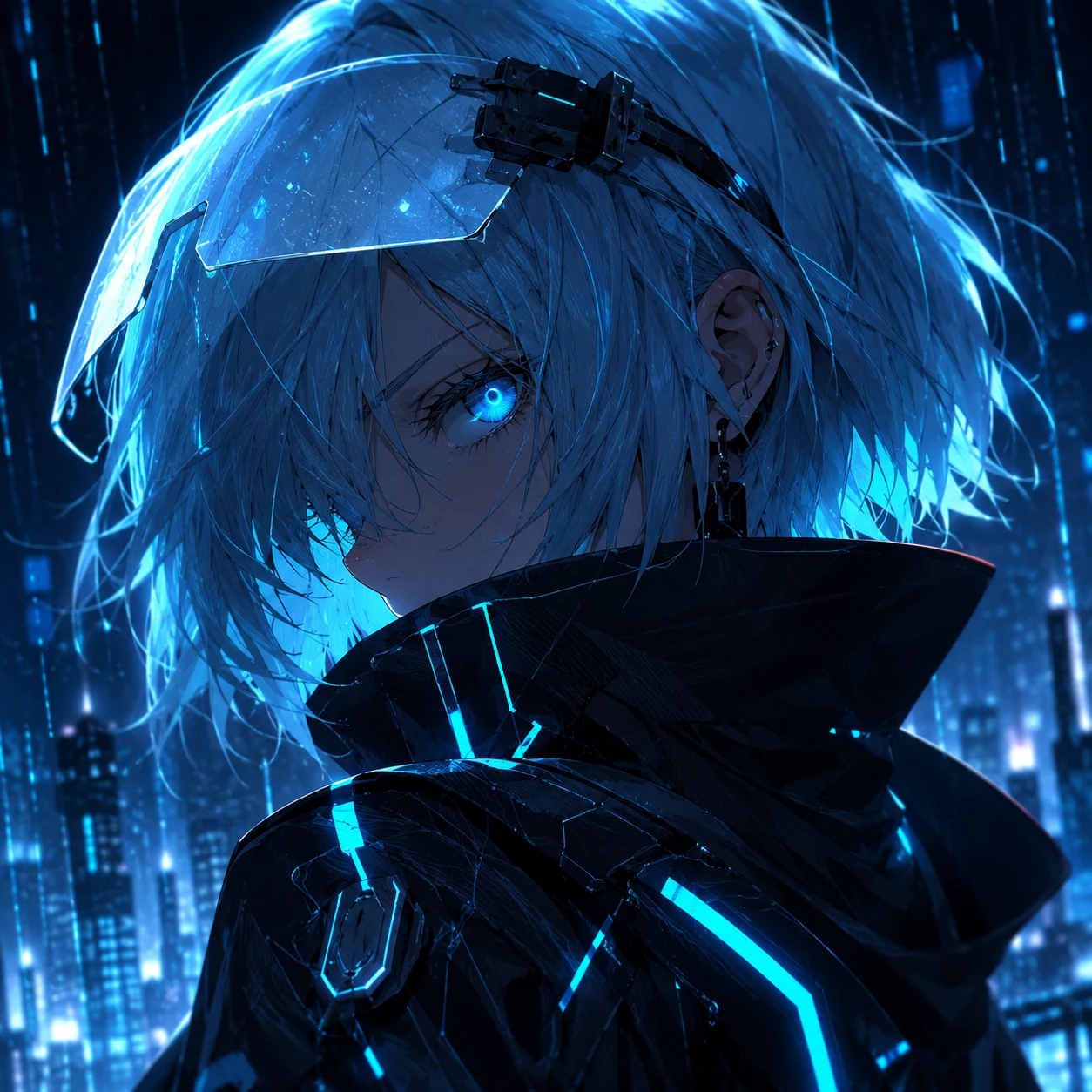 Cyberpunk Girl with Glowing Blue Eyes in Cityscape