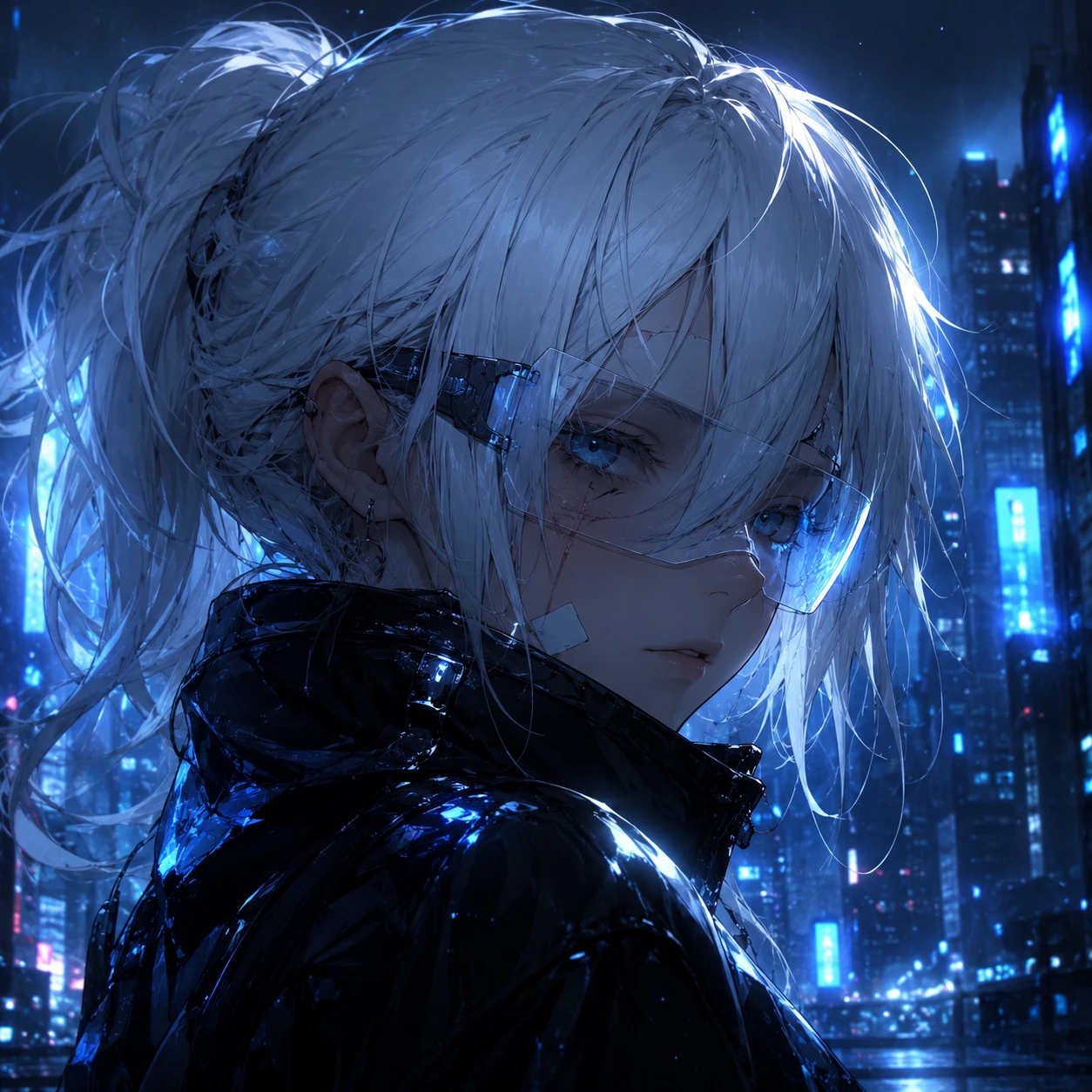 Cyberpunk Girl with White Hair in Neon Cityscape