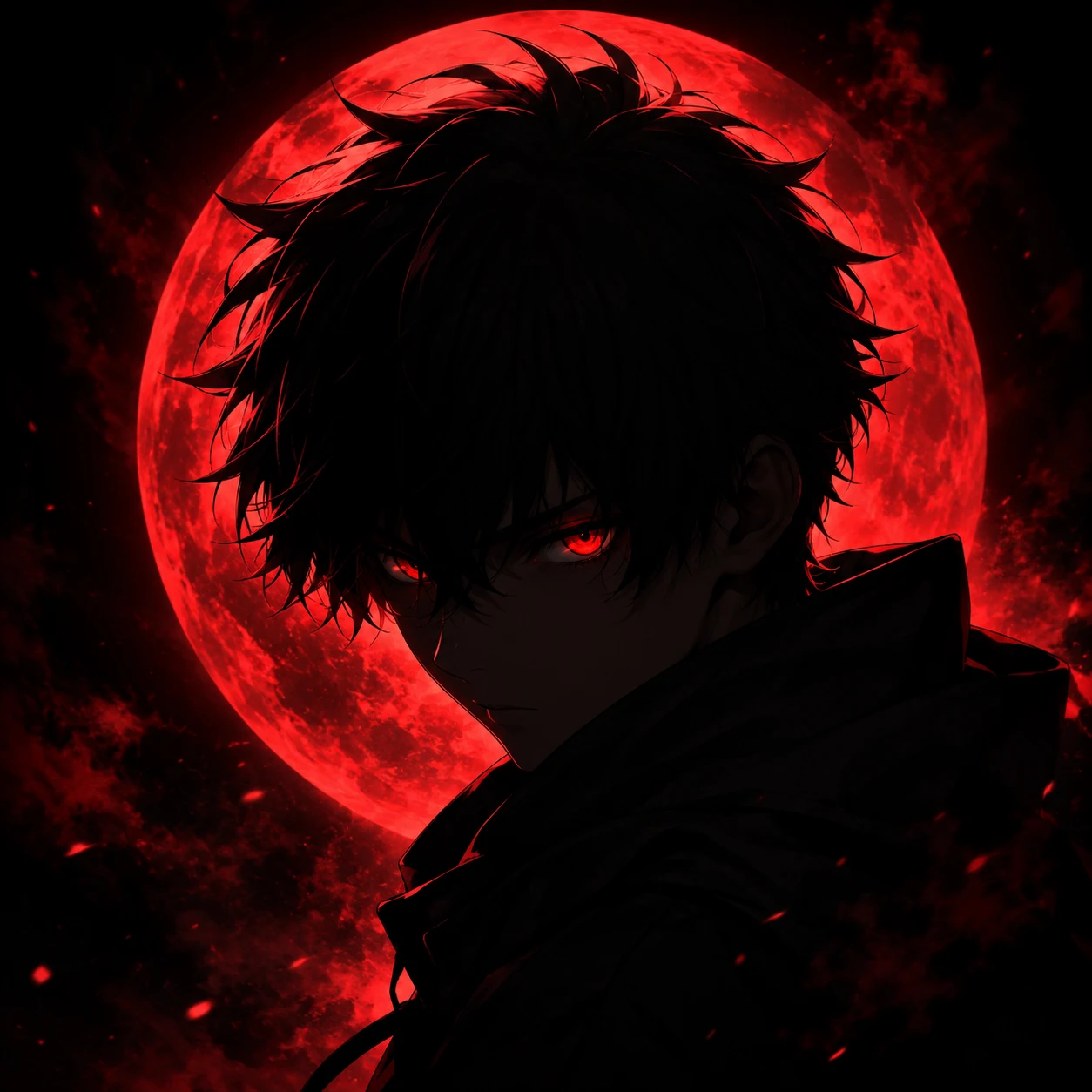 Dark Anime Boy with Glowing Red Eyes Under Blood Moon