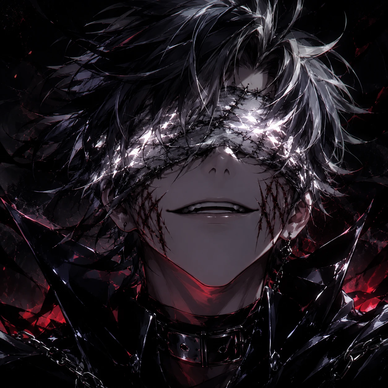 Dark Anime Warrior with Glowing Stitched Eyes