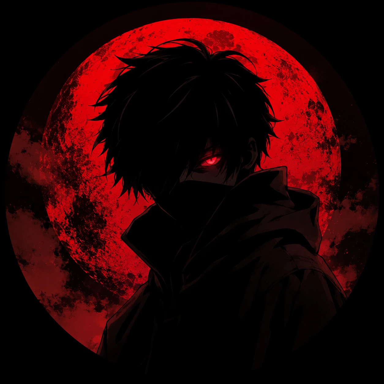 Eerie Anime Boy in Shadow with Crimson Moon