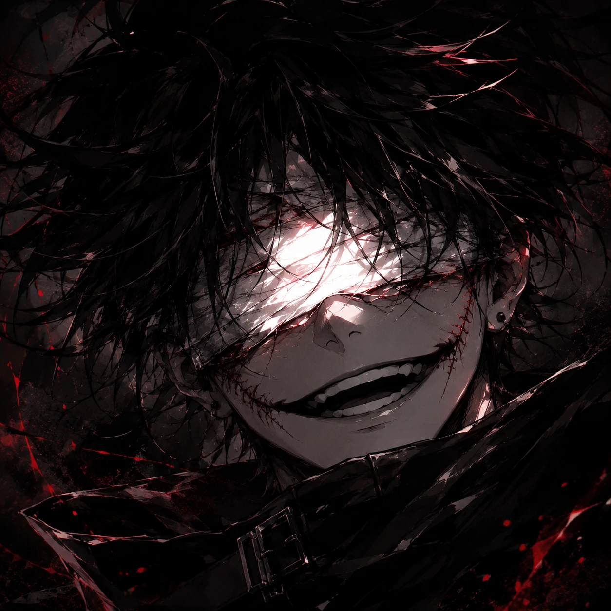 Eerie Anime Character with Stitched Smile and Blindfold