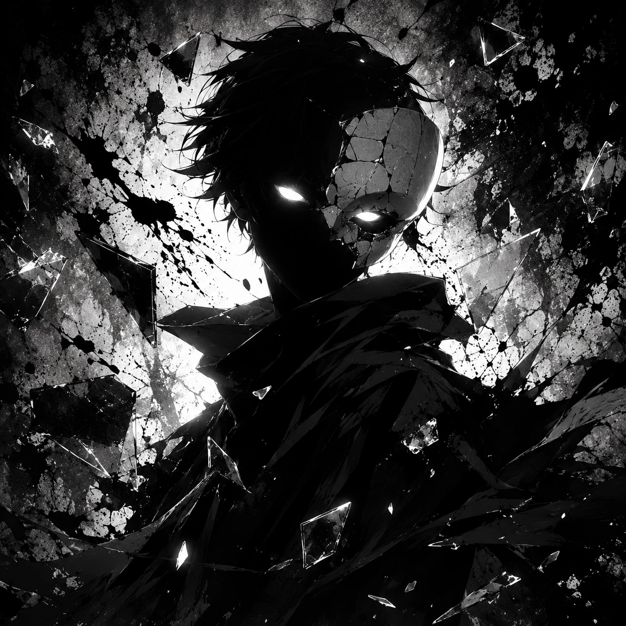 Eerie Anime Figure with Shattered Mask in Monochrome
