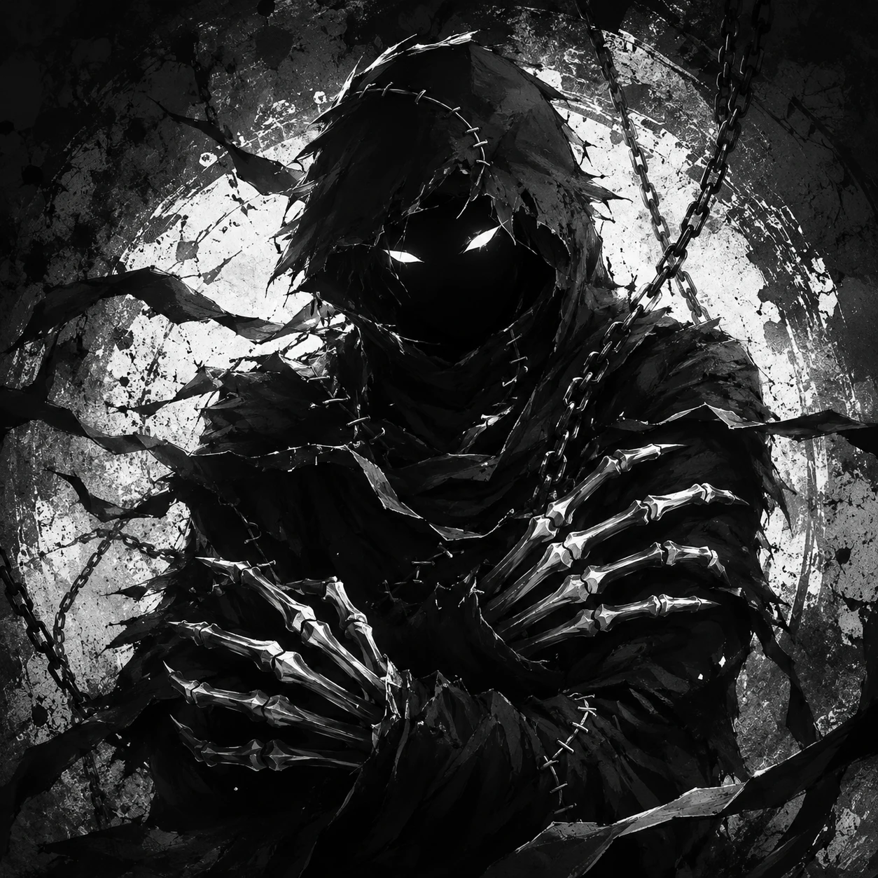 Eerie Grim Reaper in Chains with Glowing Eyes