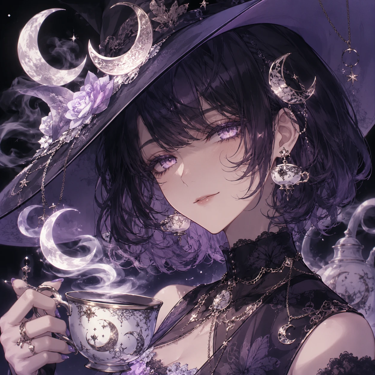 Elegant Anime Witch Sipping Tea Under Moonlight