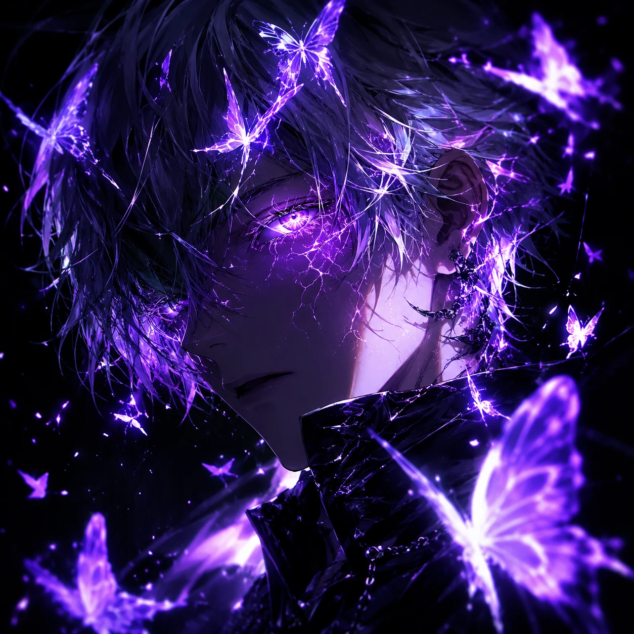 Ethereal Anime Boy with Violet Butterfly Aura