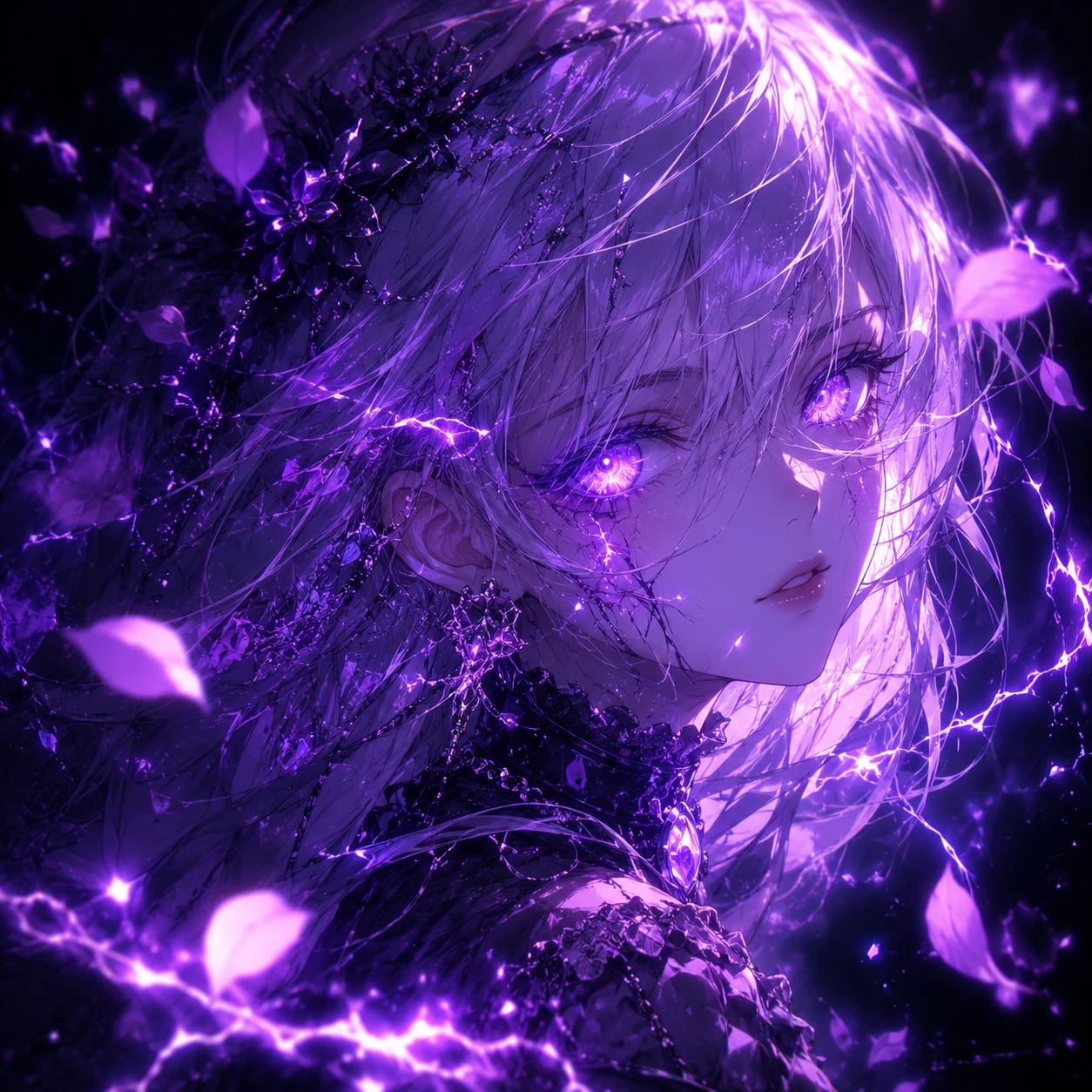 Ethereal Anime Girl in Electric Purple Haze