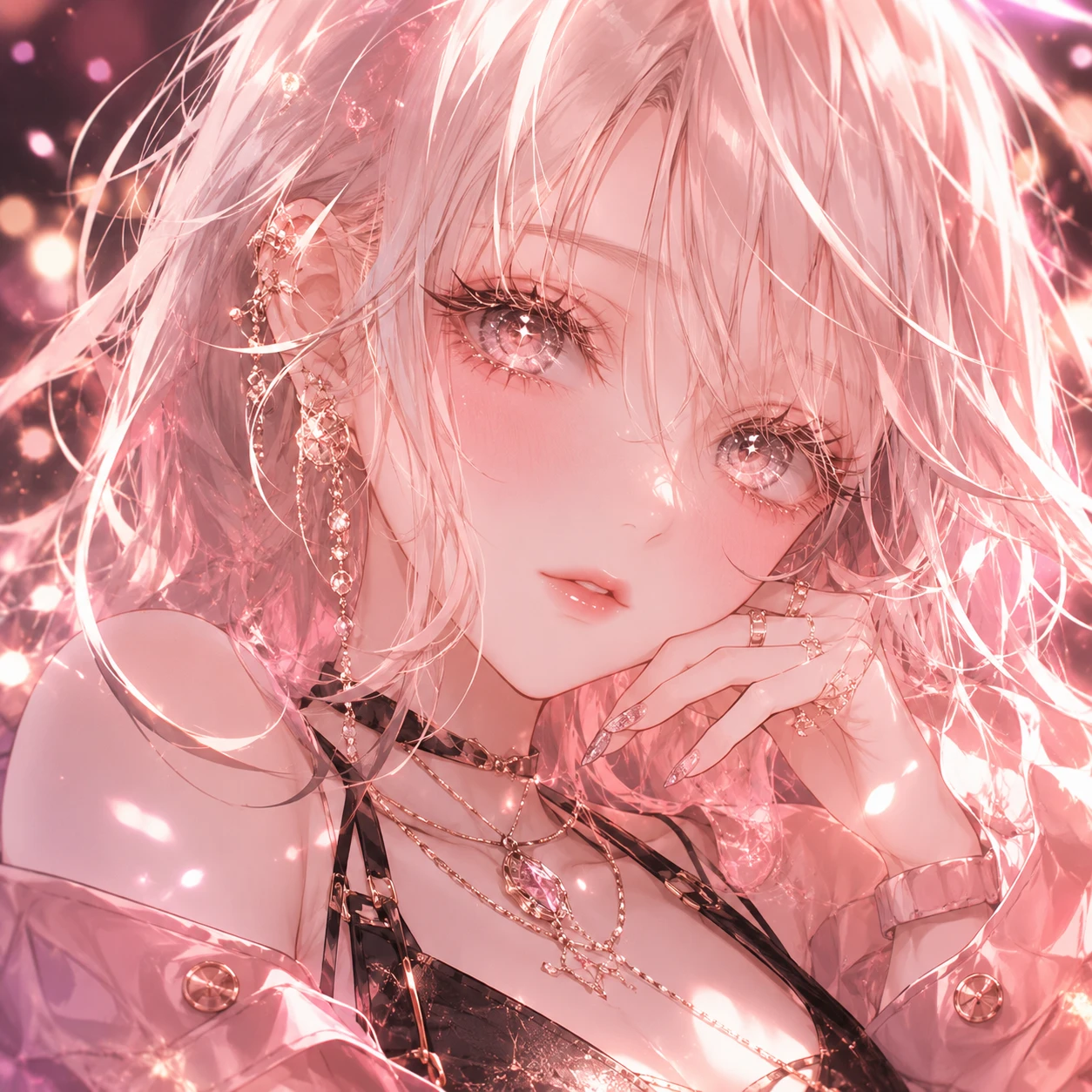 Ethereal Anime Girl in Sparkling Pink Light