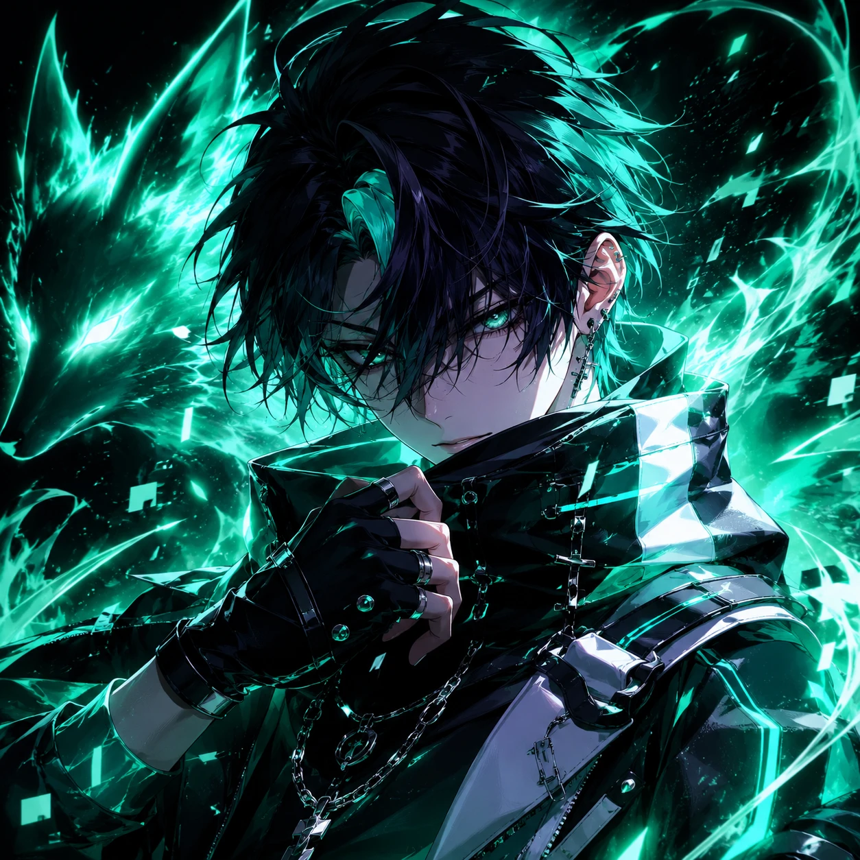 Ethereal Anime Hero with Emerald Spirit Wolf