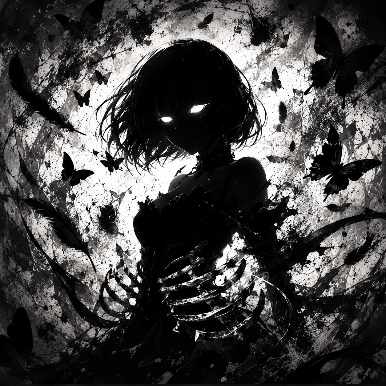 Ethereal Monochrome Anime Girl with Glowing Eyes