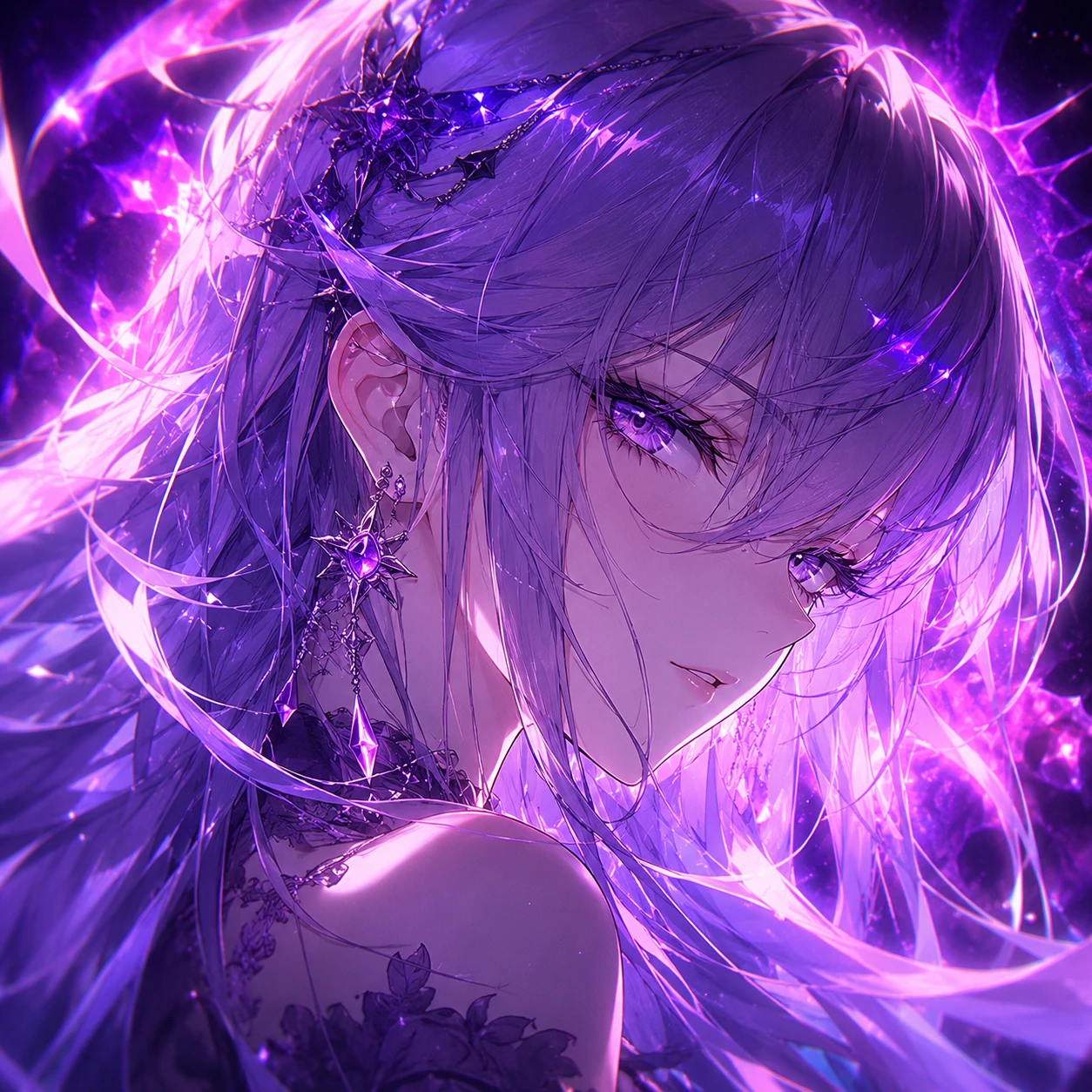Ethereal Purple Haired Anime Girl with Glowing Eyes