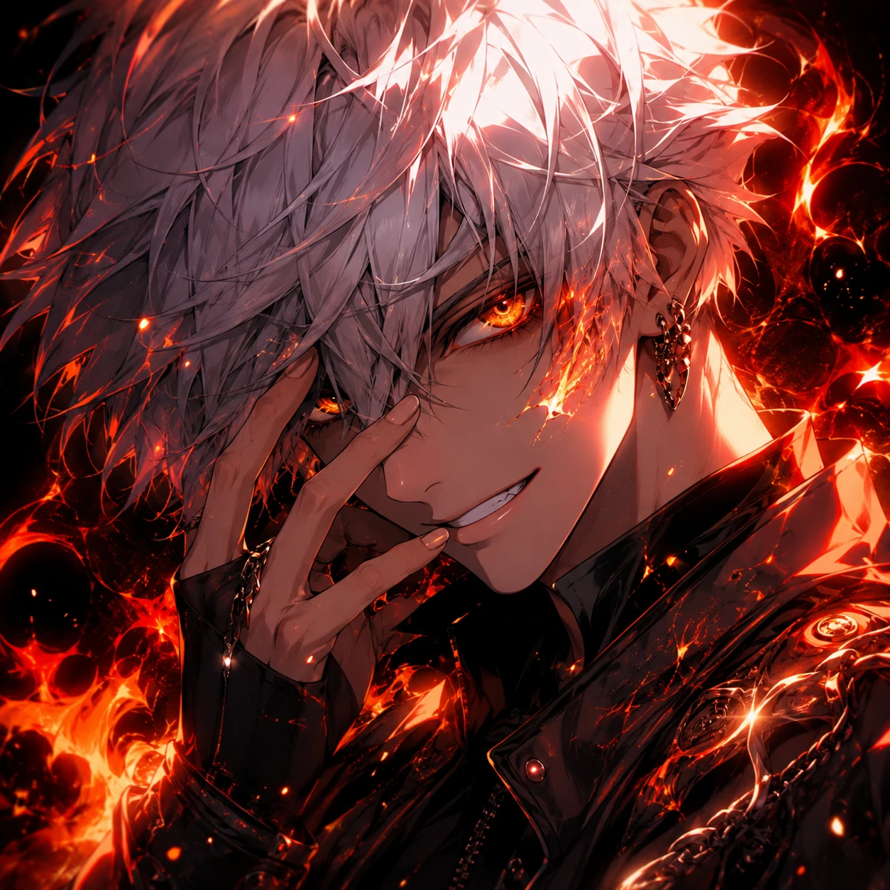 Fiery White Haired Anime Boy with Smirking Expression