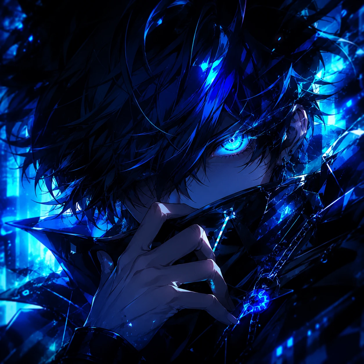 Glowing Blue Eye Anime Warrior in Dark Neon Shadows