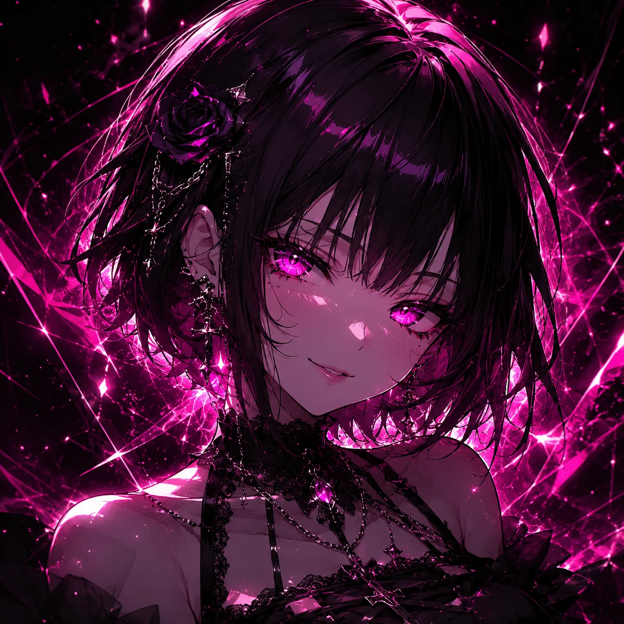 Gothic Anime Girl with Glowing Magenta Eyes and Dark Rose