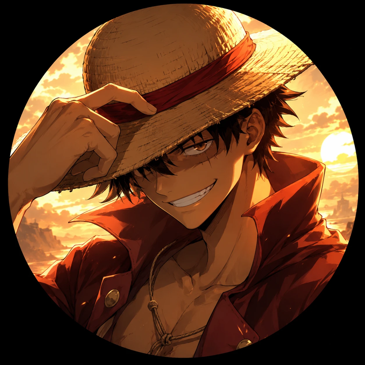 Grinning Anime Hero in Straw Hat at Sunset