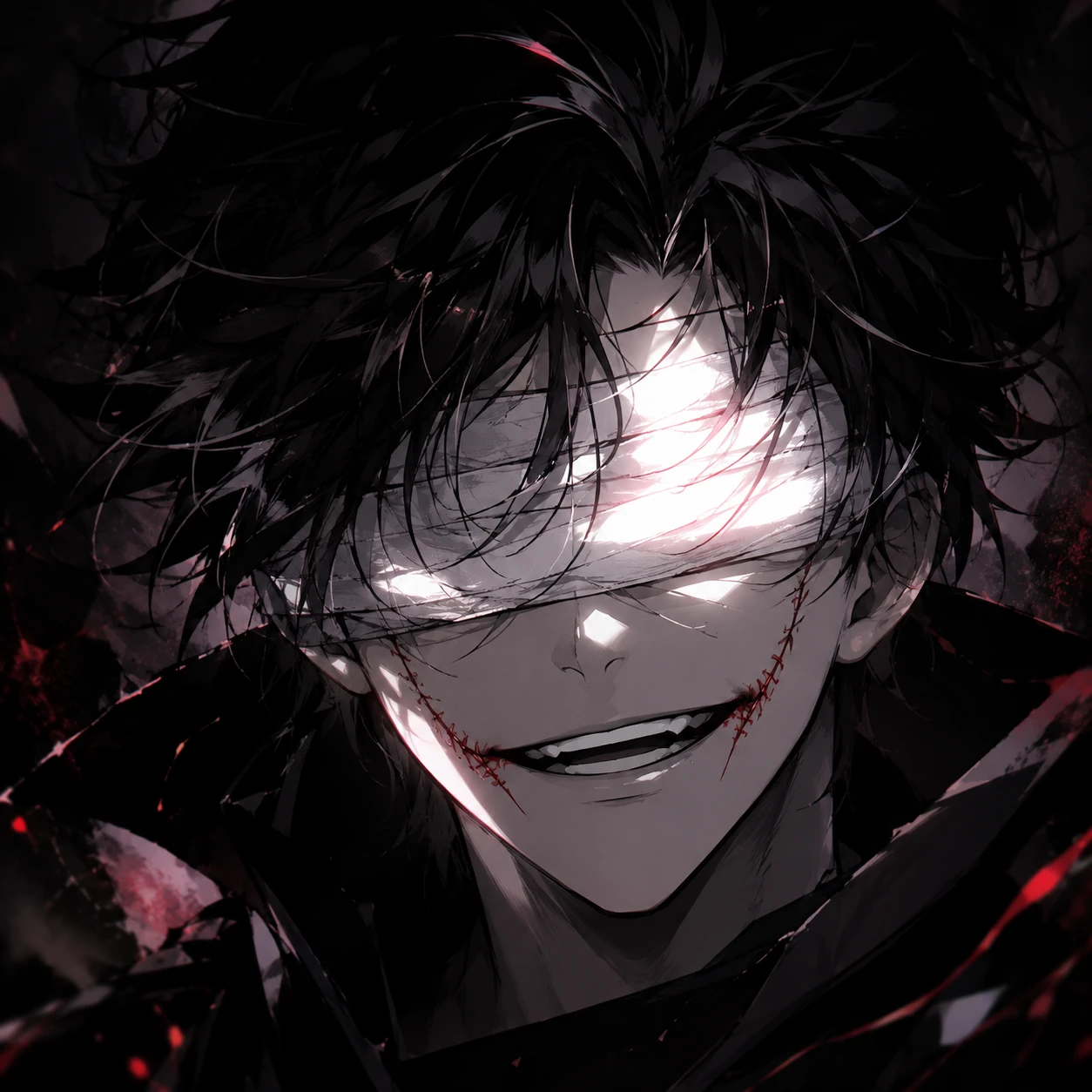 Grinning Anime Man with Bandaged Eyes and Scars