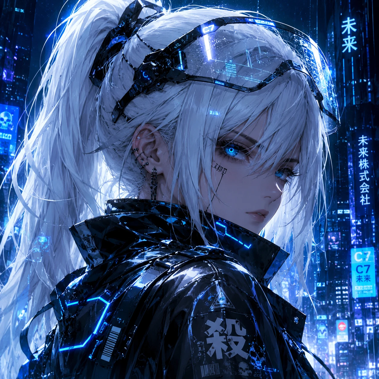 Icy Gaze Cyberpunk Girl in Neon Cityscape