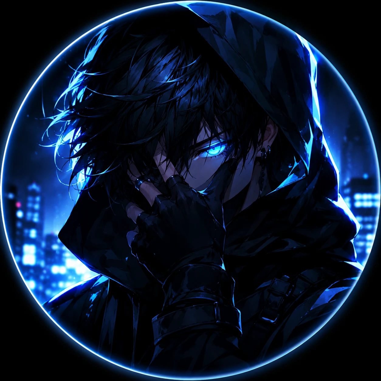 Intense Anime Boy with Glowing Blue Eyes in Hoodie
