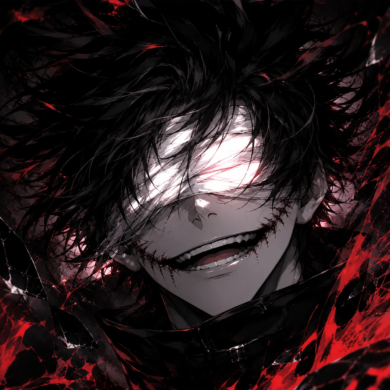 Intense Anime Character with Glowing Eyes and Stitches