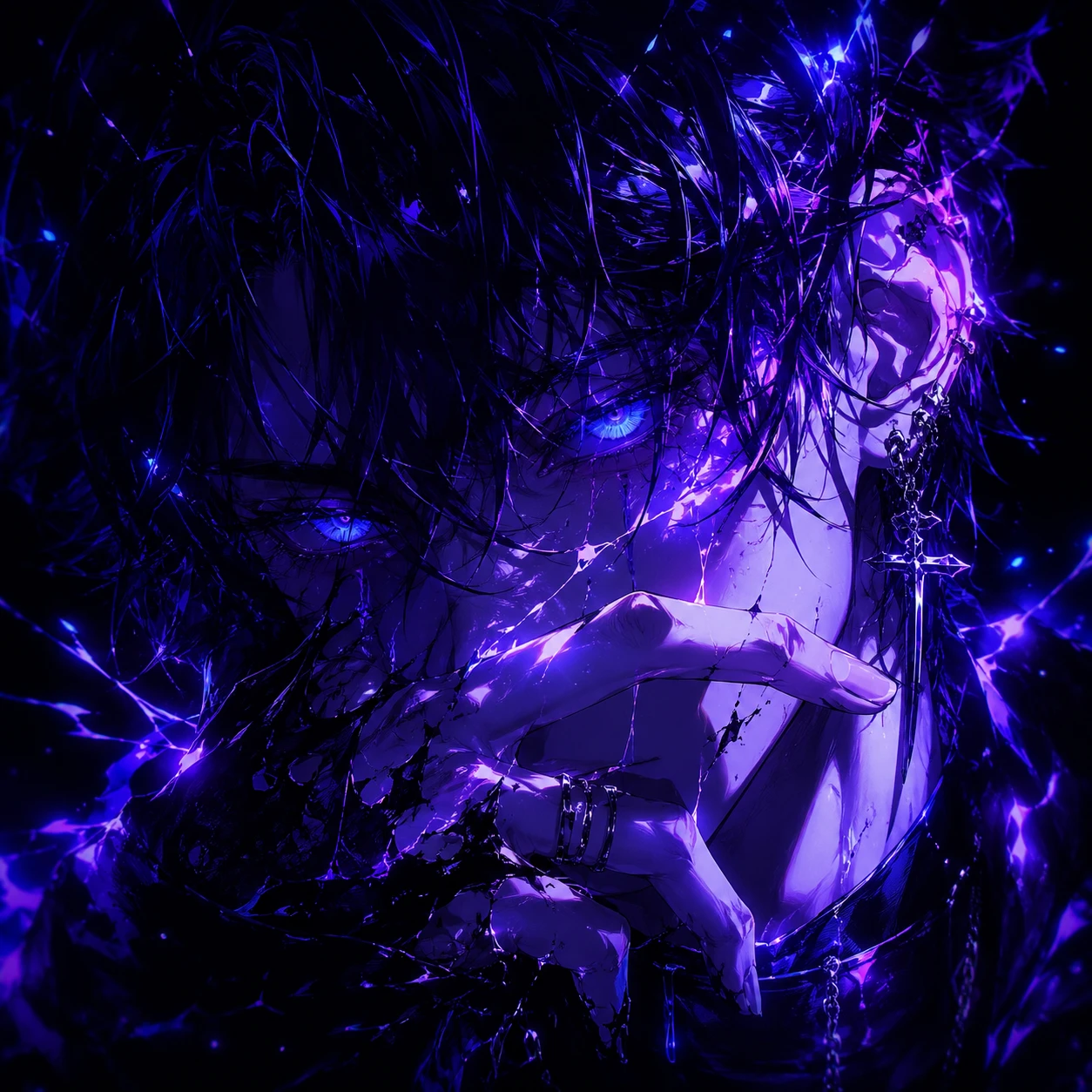 Intense Anime Gaze in Electric Purple Hues
