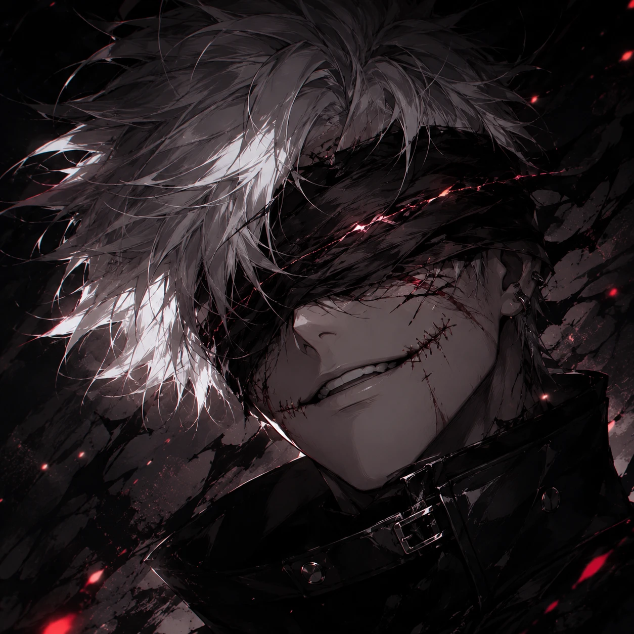 Intense Anime Warrior with Stitched Scars and Blindfold