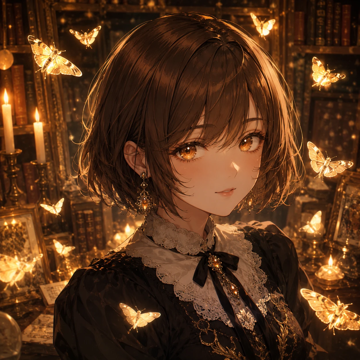 Luminous Anime Girl with Golden Moth Swarm