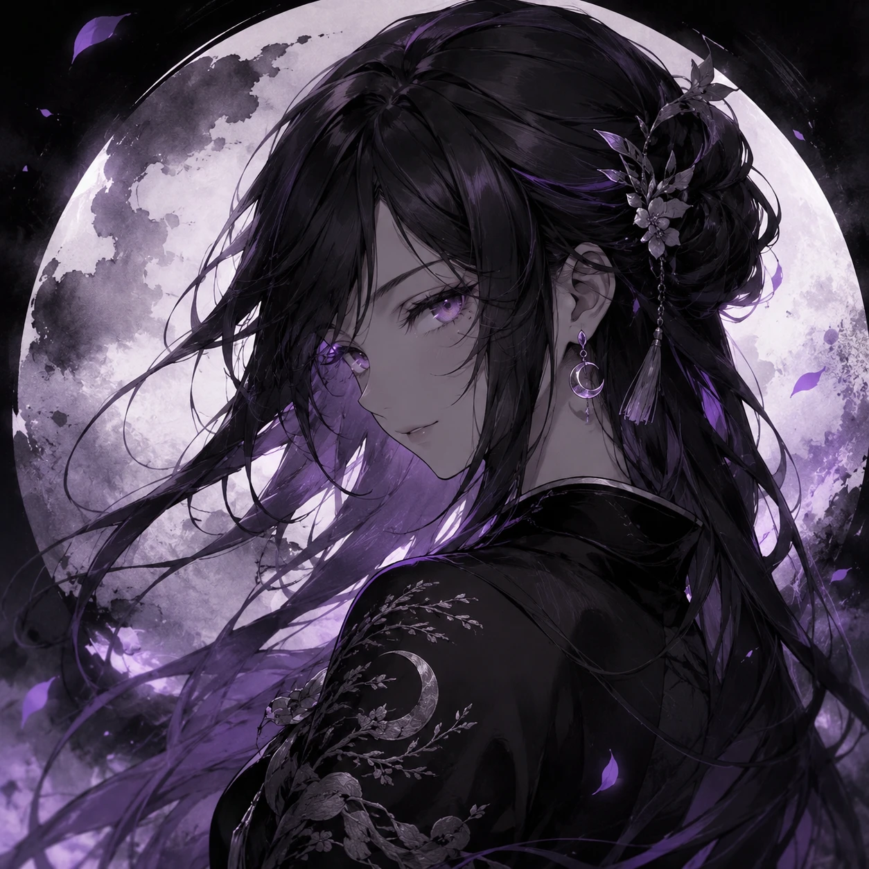 Lunar Anime Girl with Purple Eyes and Kimono